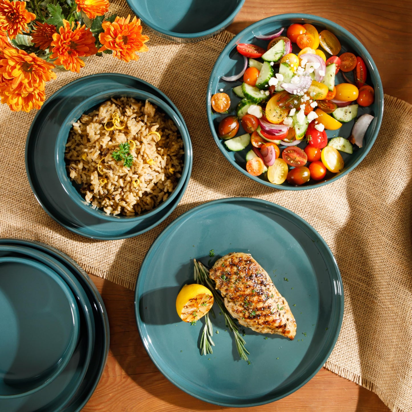 Bloomhouse - Oprah's Favorite Things - Santorini Mist Double Bowl Terracotta Reactive Glaze Plates and Bowls Dinnerware Set - Jade Blue Green, Service for Four (16pcs)