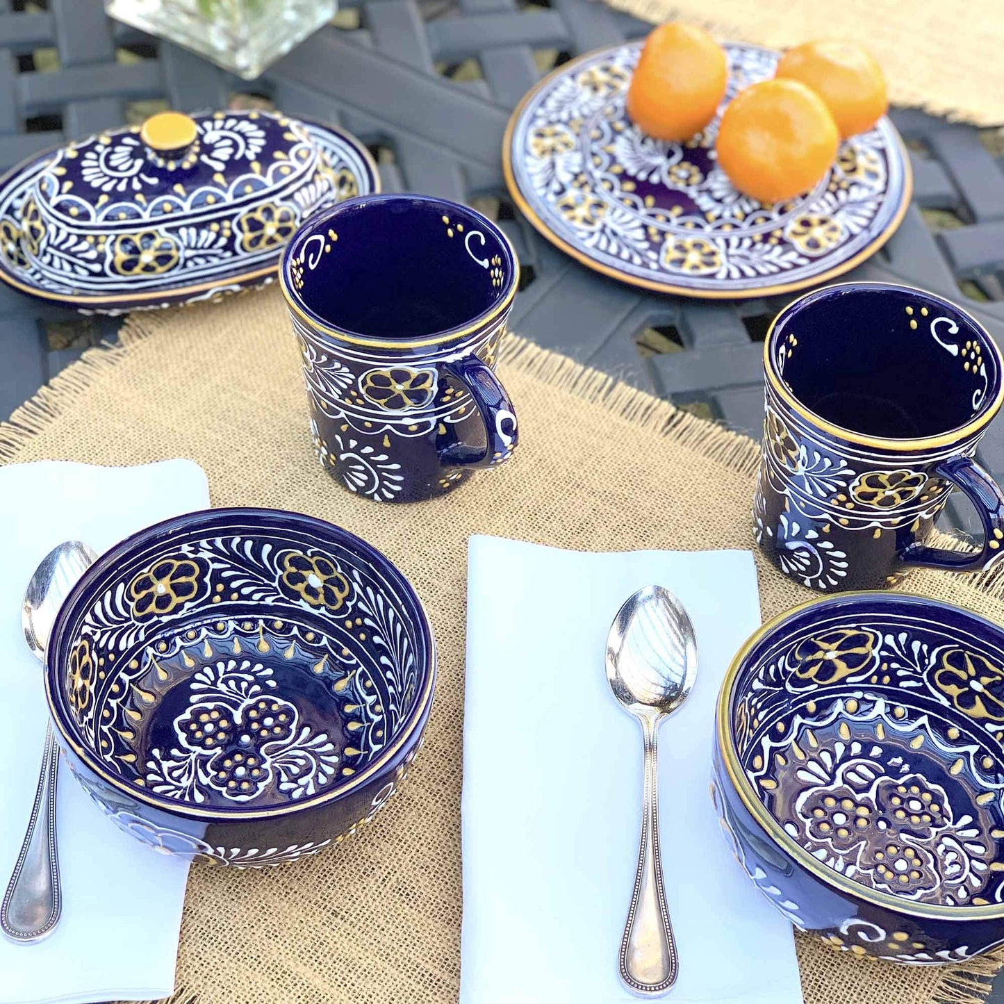 Global Crafts Encantada Handmade Hand-Painted Authentic Mexican Pottery Mugs (2-Pack, Blue Helecho)