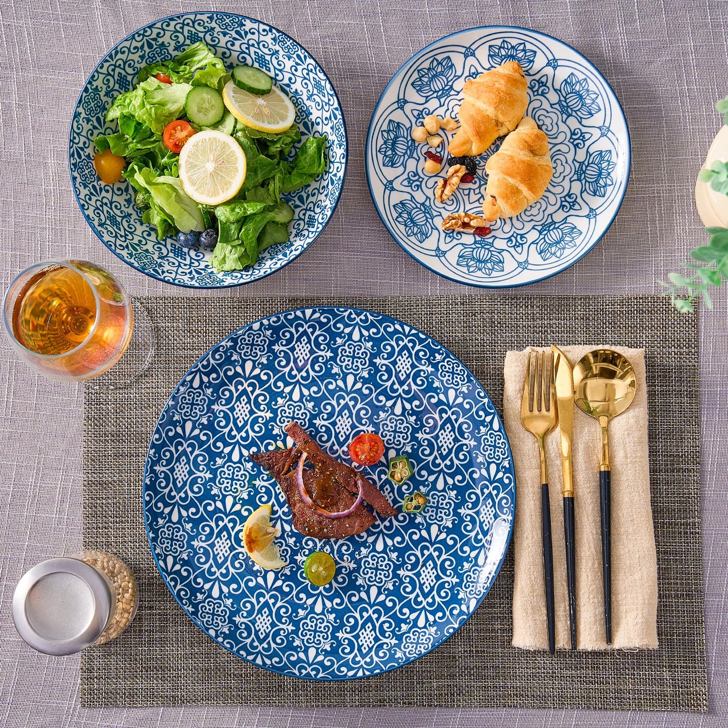 Bestone Ceramic 12-Pieces Dinnerware Sets, Ceramic Dish Plates and Bowls Sets, Dishes Set for 4, Dinner Salad Dessert Plates, and Cereal Bowls Set, Gift,Vintage Blue