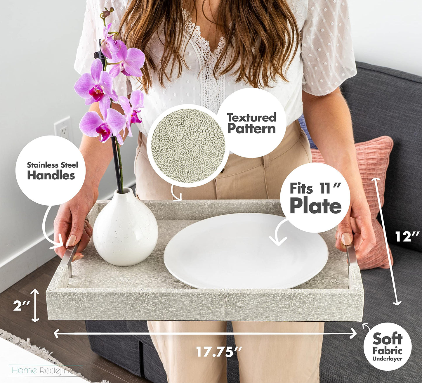 Modern Elegant 18"x12" Rectangle Natural Ivory Beige Faux Leather Shagreen Decorative Tray Ottoman Coffee Table Perfume Vanity Kitchen Serving Tray with Silver Metal Handles by Home Redefined.