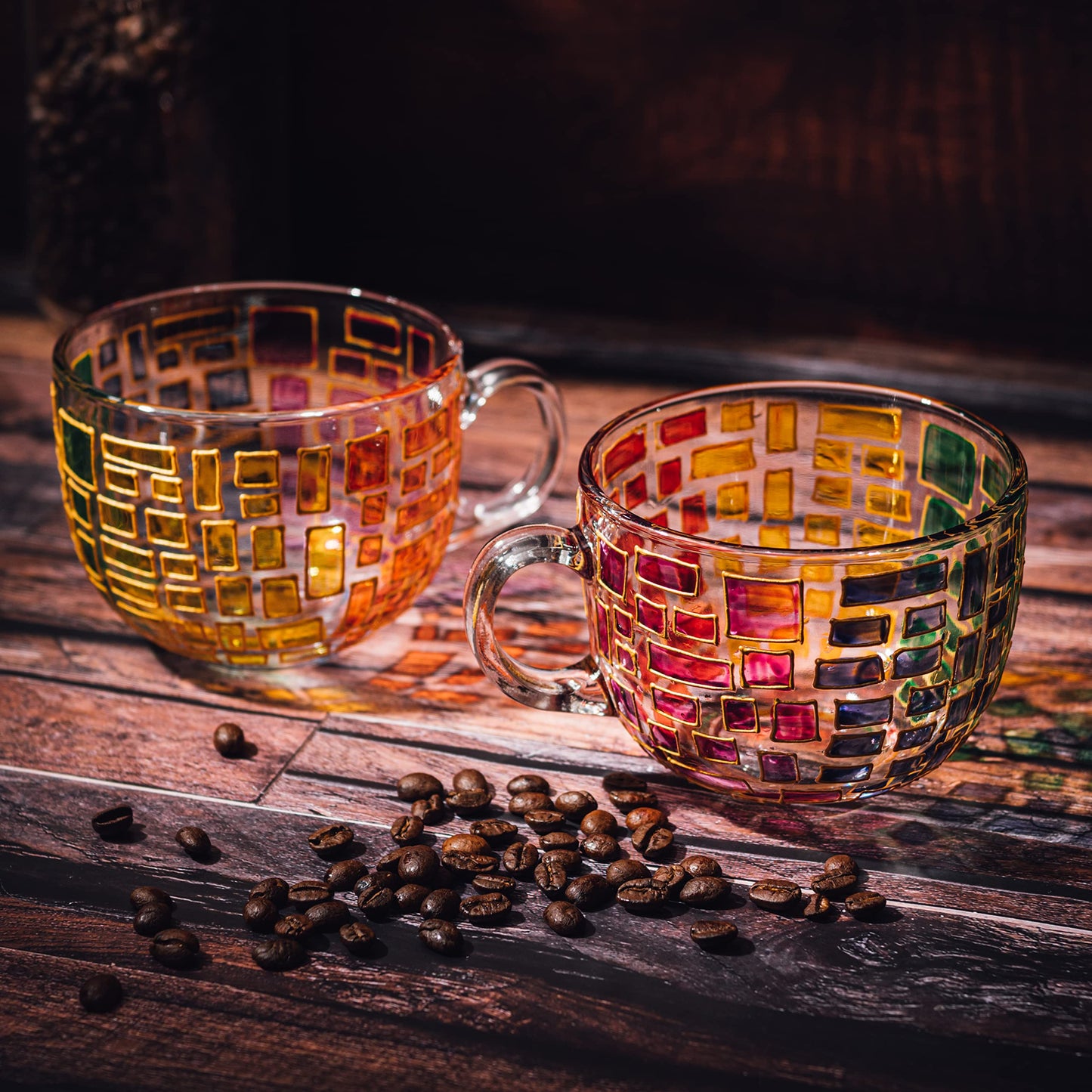 The Wine Savant Renaissance Stained Glass Windows Mugs, Artisanal Hand Painted Set of 2 - Gift Idea for Her, Him, Birthday, Mom, Housewarming - Art Deco Coffee and Tea Set 3.5" H X 4" W (Mugs)