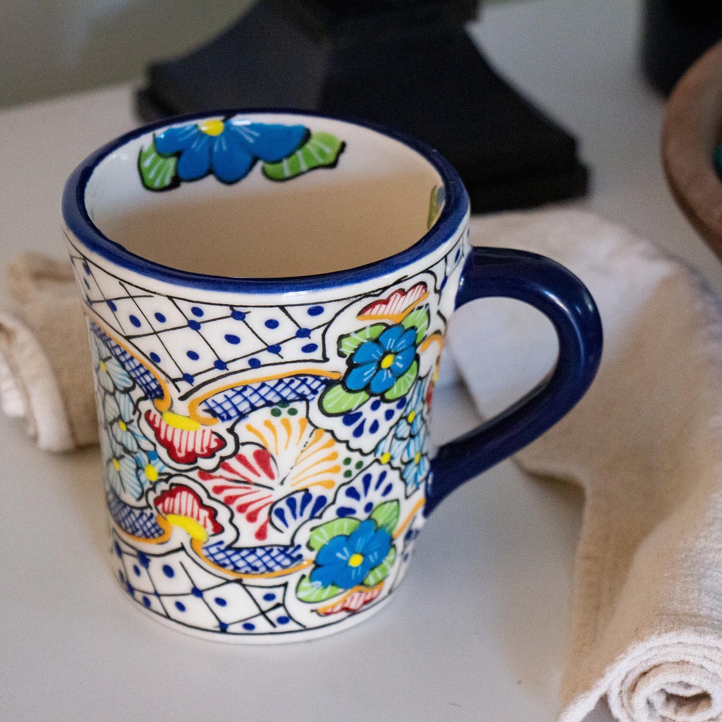 Global Crafts Encantada Handmade Hand-Painted Authentic Mexican Pottery Mugs (Multi Blue Green)