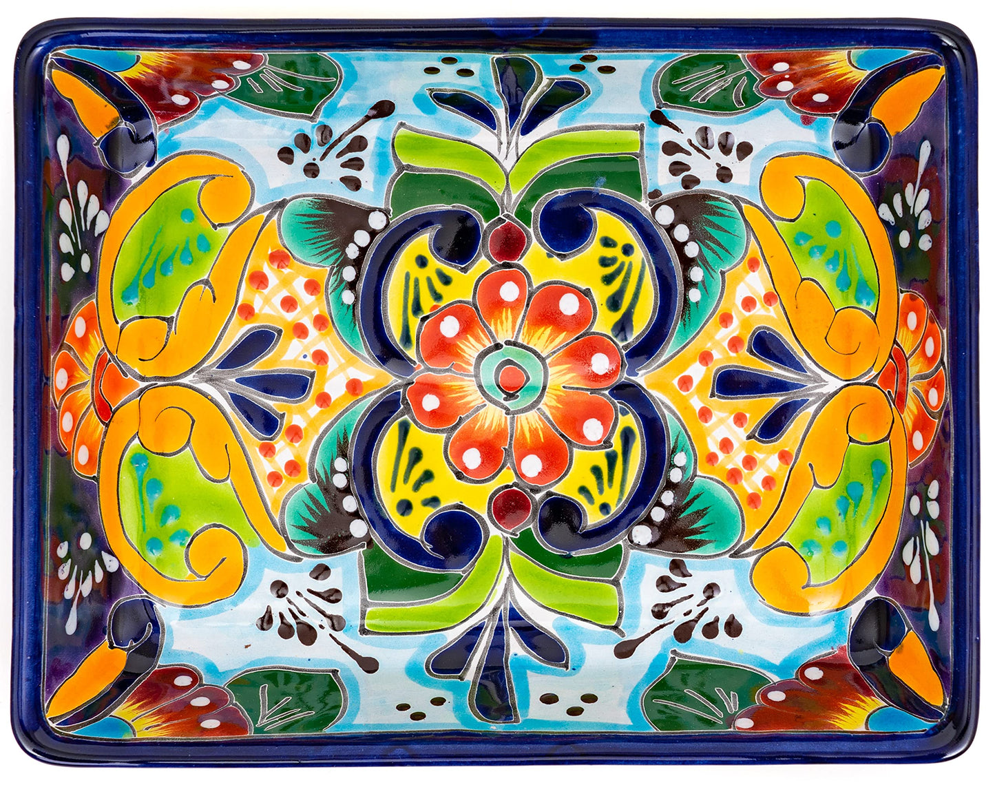 Enchanted Talavera Pottery Hand Painted Ceramic Rectangle Serving Platter Dish Appetizer Plate Tray Food Mexican Floral Pattern Party Fiesta Thanksgiving Jewelry Holder (Medium 9.5 x 7.5 x 1.75)