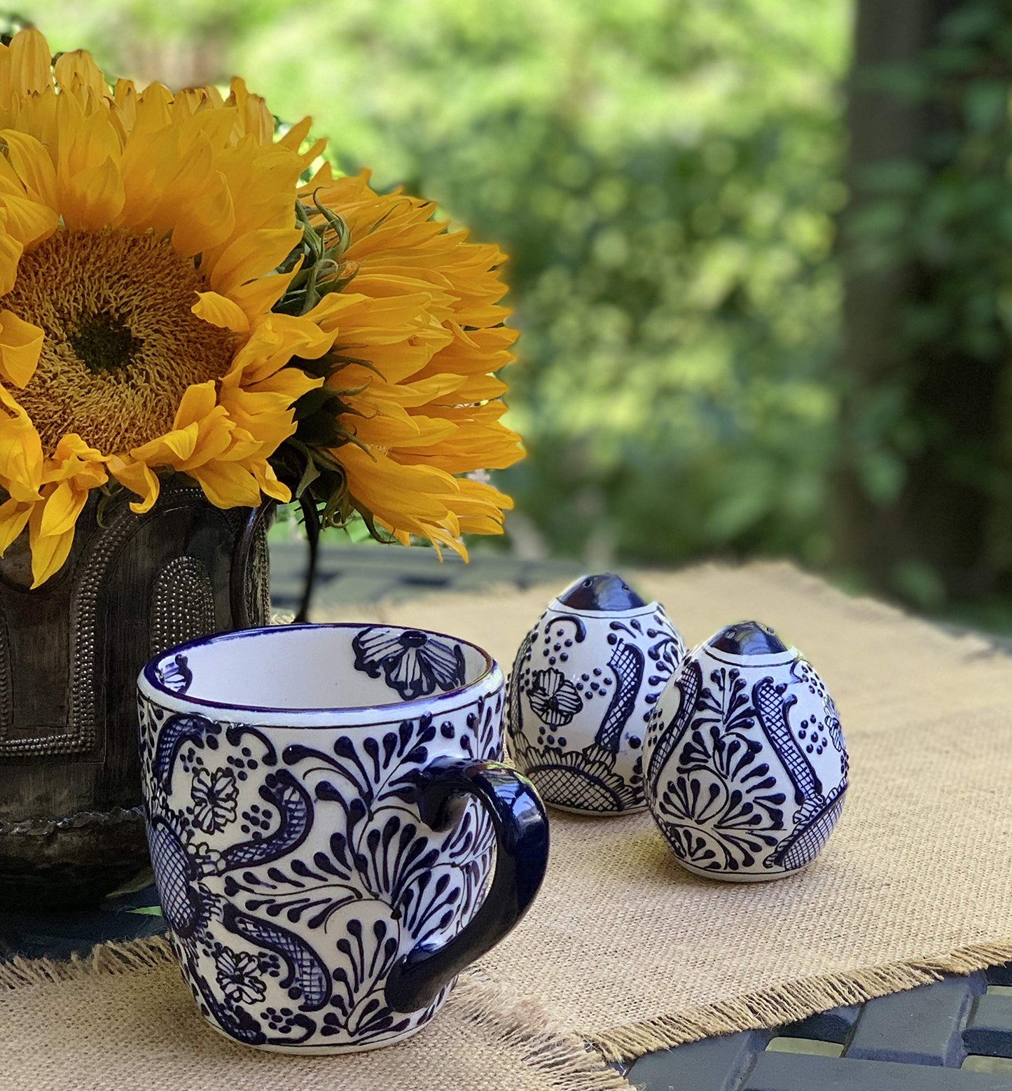 Global Crafts Encantada Handmade Hand-Painted Authentic Mexican Pottery, Salt and Pepper Shaker Set, Blue Flower (MC085F-K2)