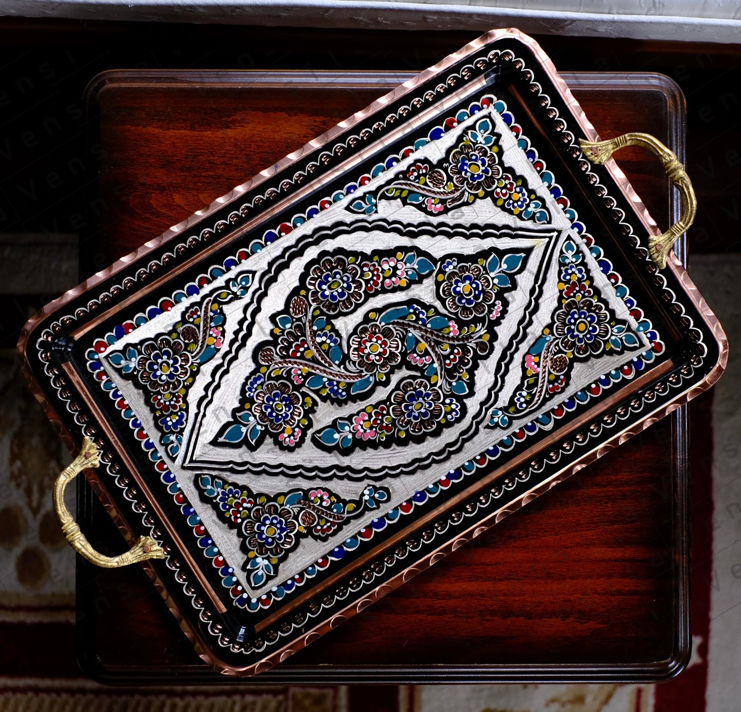 Turkish Coffee Serving Tray with Handles, Handmade Decorative Tray for Coffee Table, Kitchen Counter Decor Tray, Copper Tea Serving Tray with Floral Pattern, Beverage Service Tray (Rectangular)
