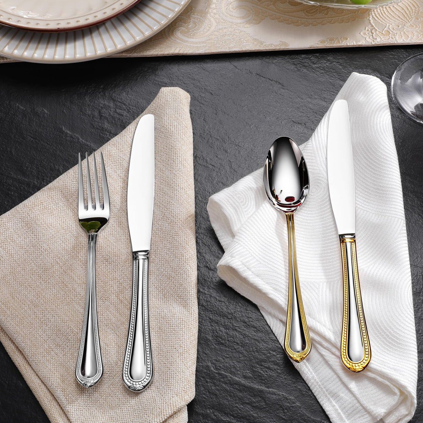 KEAWELL Pearl Edge Premium Hostess Serving Utensils Set, 18/10 Stainless Steel, 9" Fine Hostess Utensils with Refined Bead Design, Brightly Polished, Gold Accent, Dishwasher Safe (Hostess Serving Set)