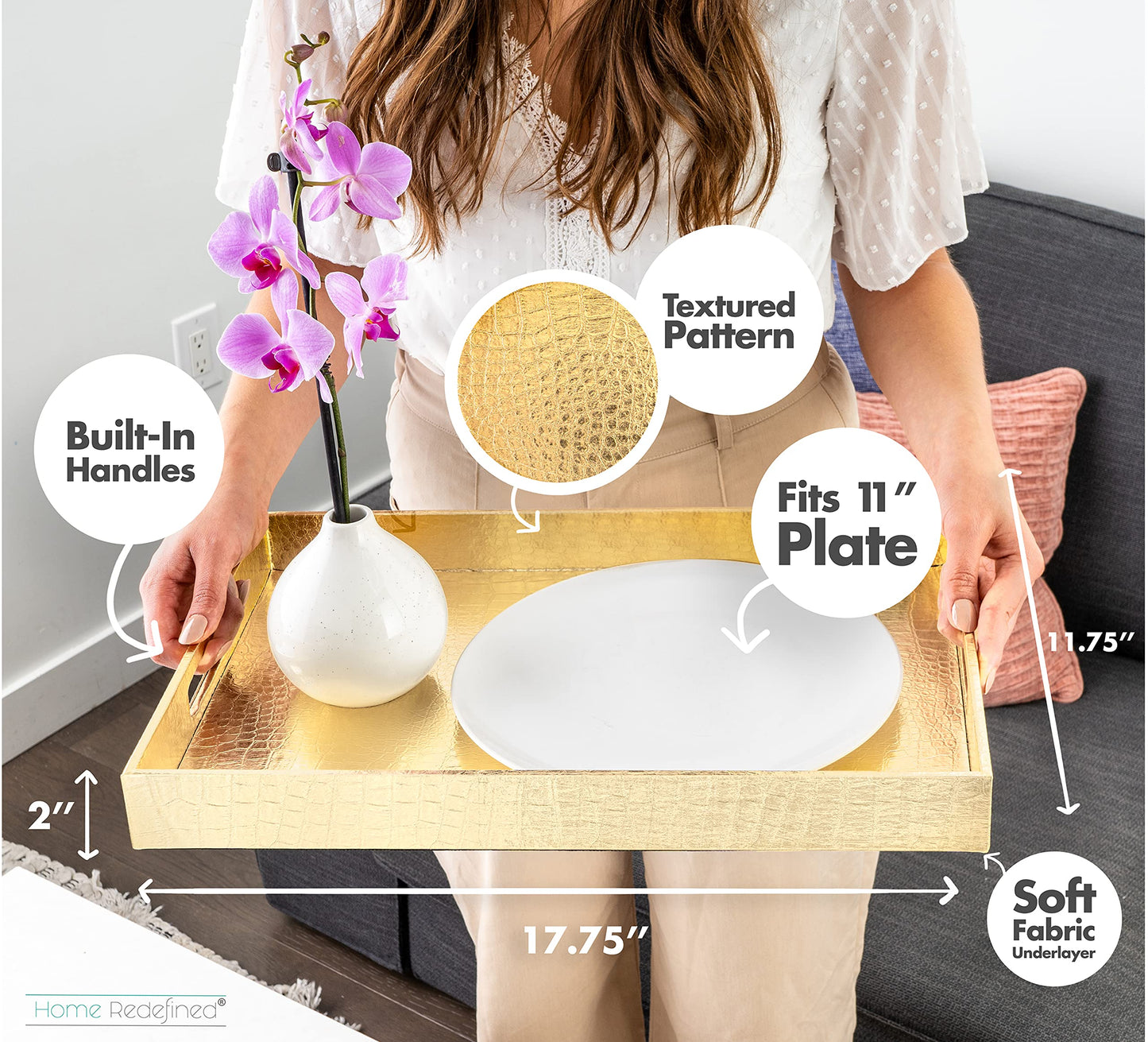Home Redefined 18"x12" Gold Glossy Crocodile Faux Leather Serving Tray Beautiful Modern Elegant Decorative Tray with Handles Ottoman Coffee Table Tray for All Occasion's