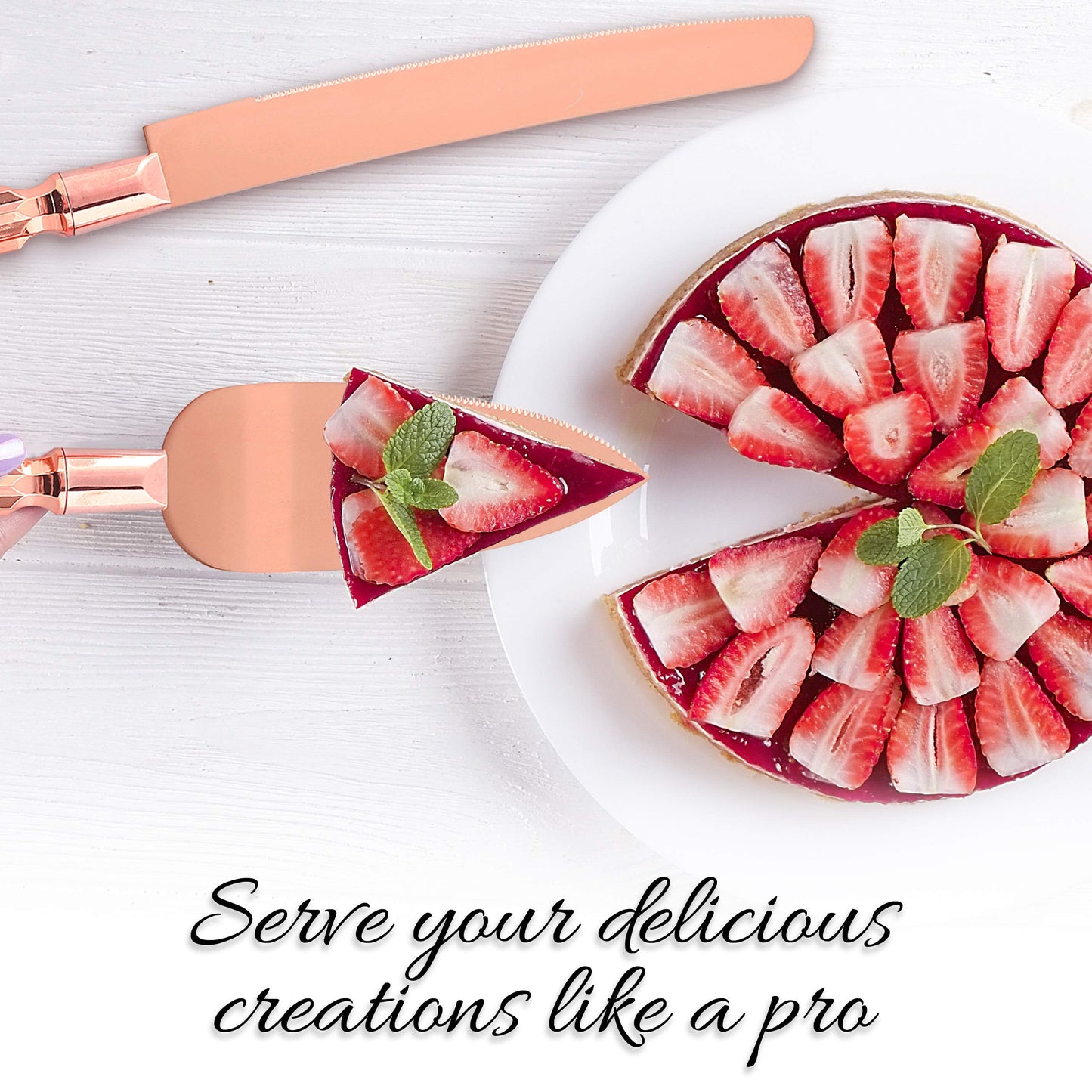 Homi Styles Wedding Cake knife and Server Set | Elegant Rose Gold Color Premium 420 Stainless Steel plated Blades | Cake & Pie Serving Set for Wedding Cake, Birthdays, Anniversaries, Parties