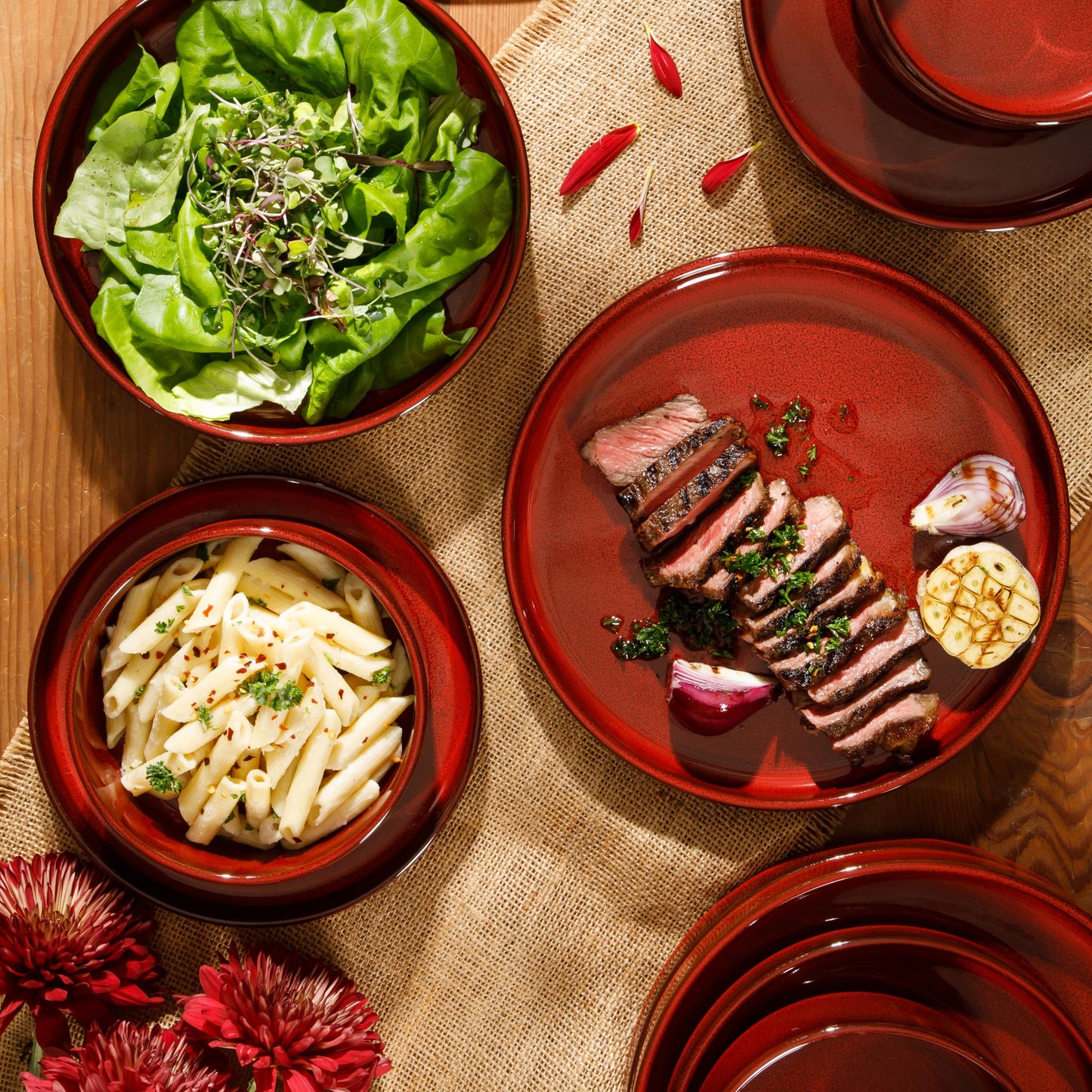 Bloomhouse - Oprah's Favorite Things - Santorini Mist Double Bowl Terracotta Reactive Glaze Plates and Bowls Dinnerware Set - Garnet Red, Service for Four (16pcs)