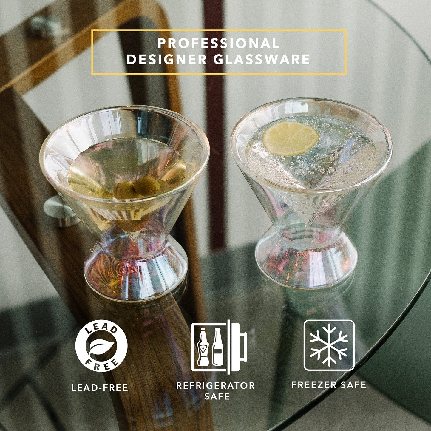 Dragon Glassware Stemless Martini Glasses - 7 oz Iridescent Set of 2 - Double Wall Insulated Cocktail Glass Set - Unique and Fun Gift for Espresso Martini Lovers