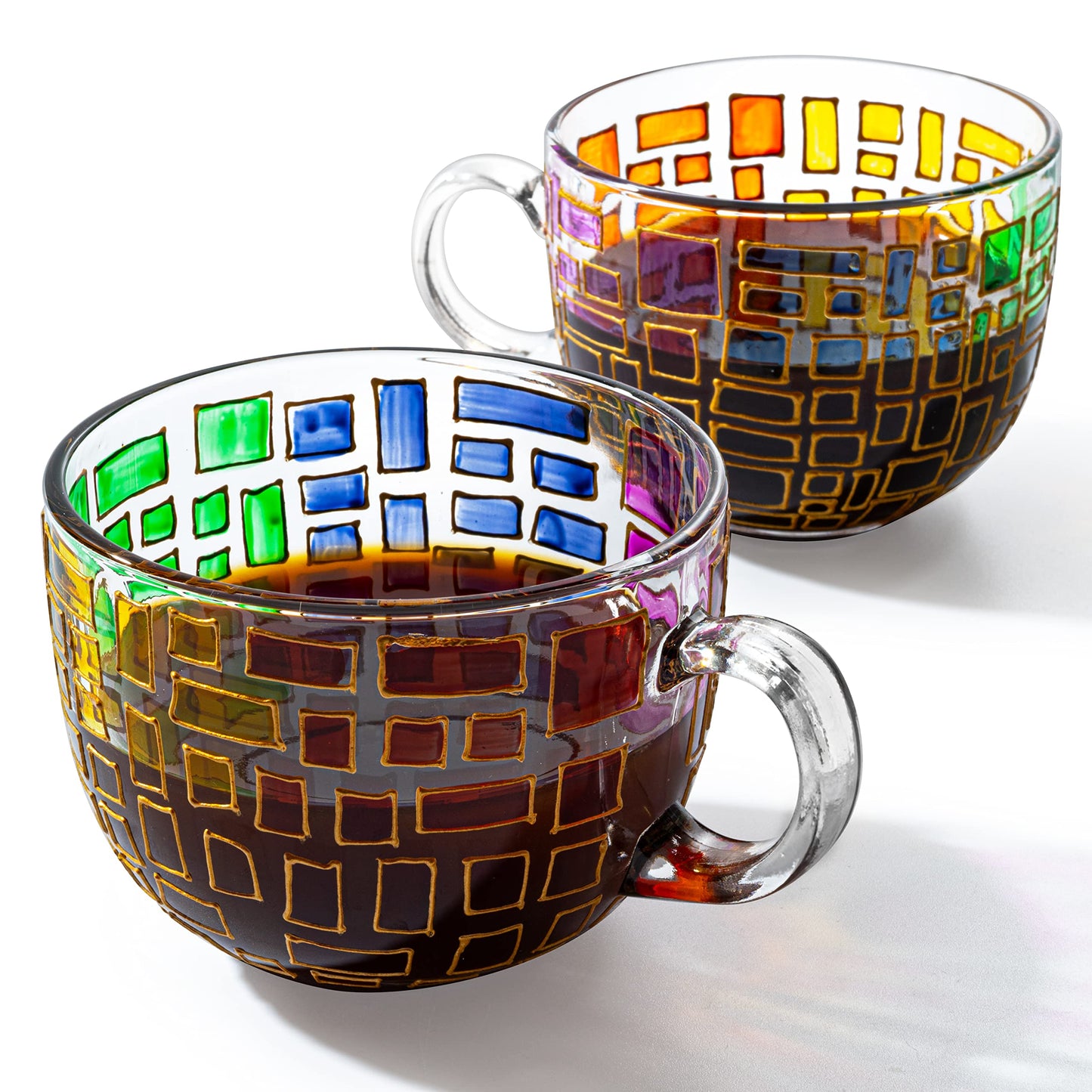The Wine Savant Renaissance Stained Glass Windows Mugs, Artisanal Hand Painted Set of 2 - Gift Idea for Her, Him, Birthday, Mom, Housewarming - Art Deco Coffee and Tea Set 3.5" H X 4" W (Mugs)