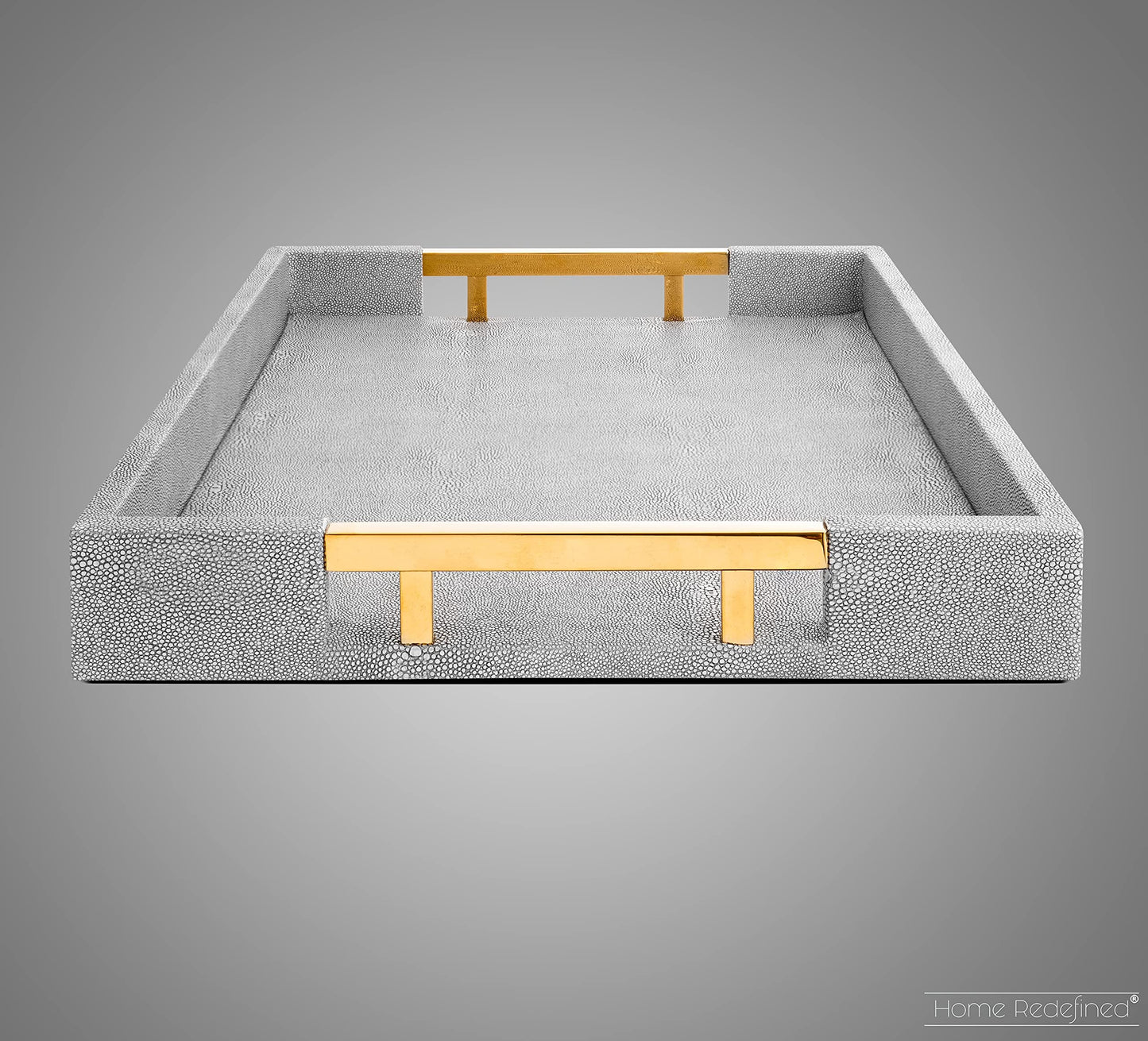 Home Redefined Modern Elegant 18"x12" Rectangle Glossy Grey Shagreen Faux Leather Tray Decorative Tray Ottoman Tray Coffee Table Perfume Kitchen Serving Tray with Gold Polished Metal Handles.