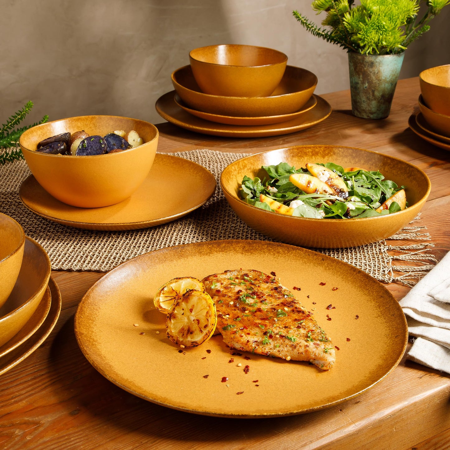 Bloomhouse Palermo Sun Double Bowl Stoneware Reactive Glaze Plates and Bowls Dinnerware Set - Tumeric Yellow, Service for Four (16pcs)