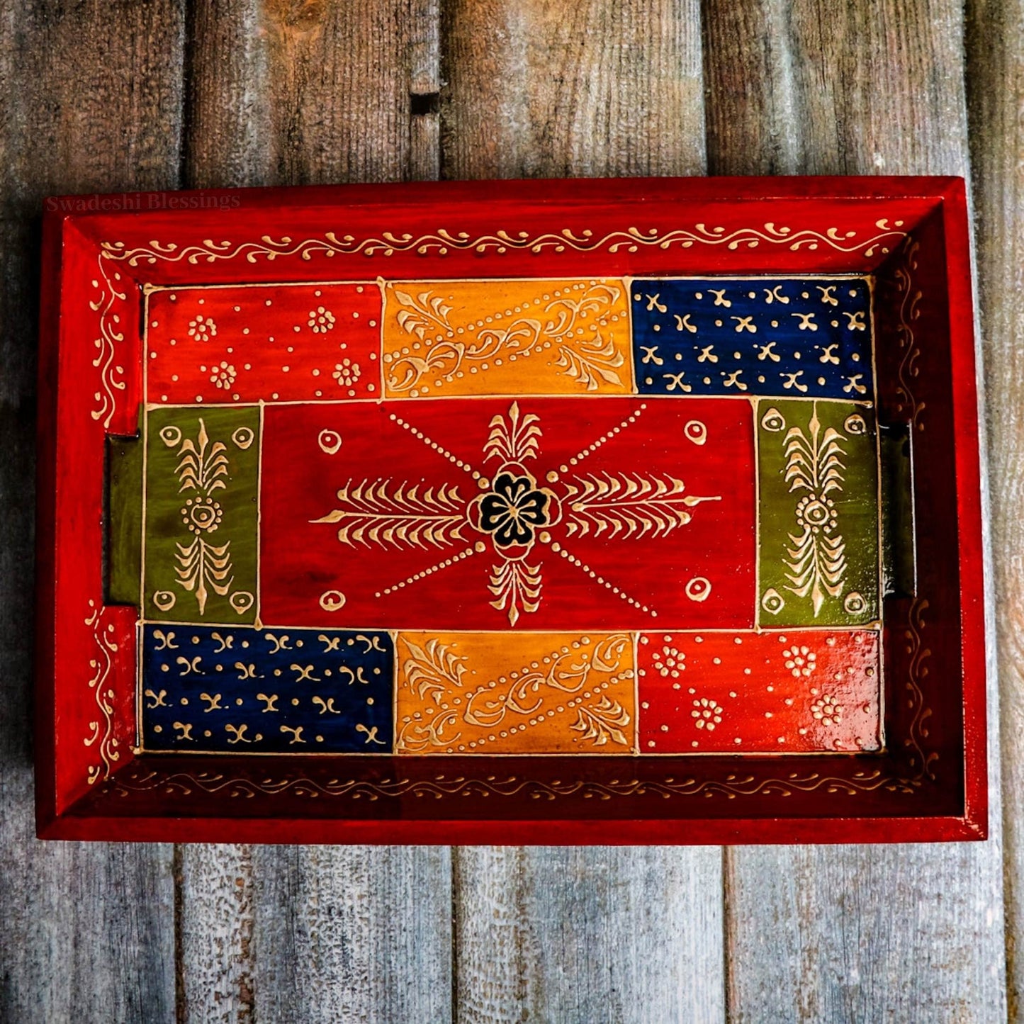 Swadeshi Blessings Handcrafted and Hand-Painted Embossed Wooden Serving Trays Set of 3 - for Kitchen/Table & Home Decor/Dinning/Gifts/Restaurants/Living Room/Coffee Table (AntiqueRed)