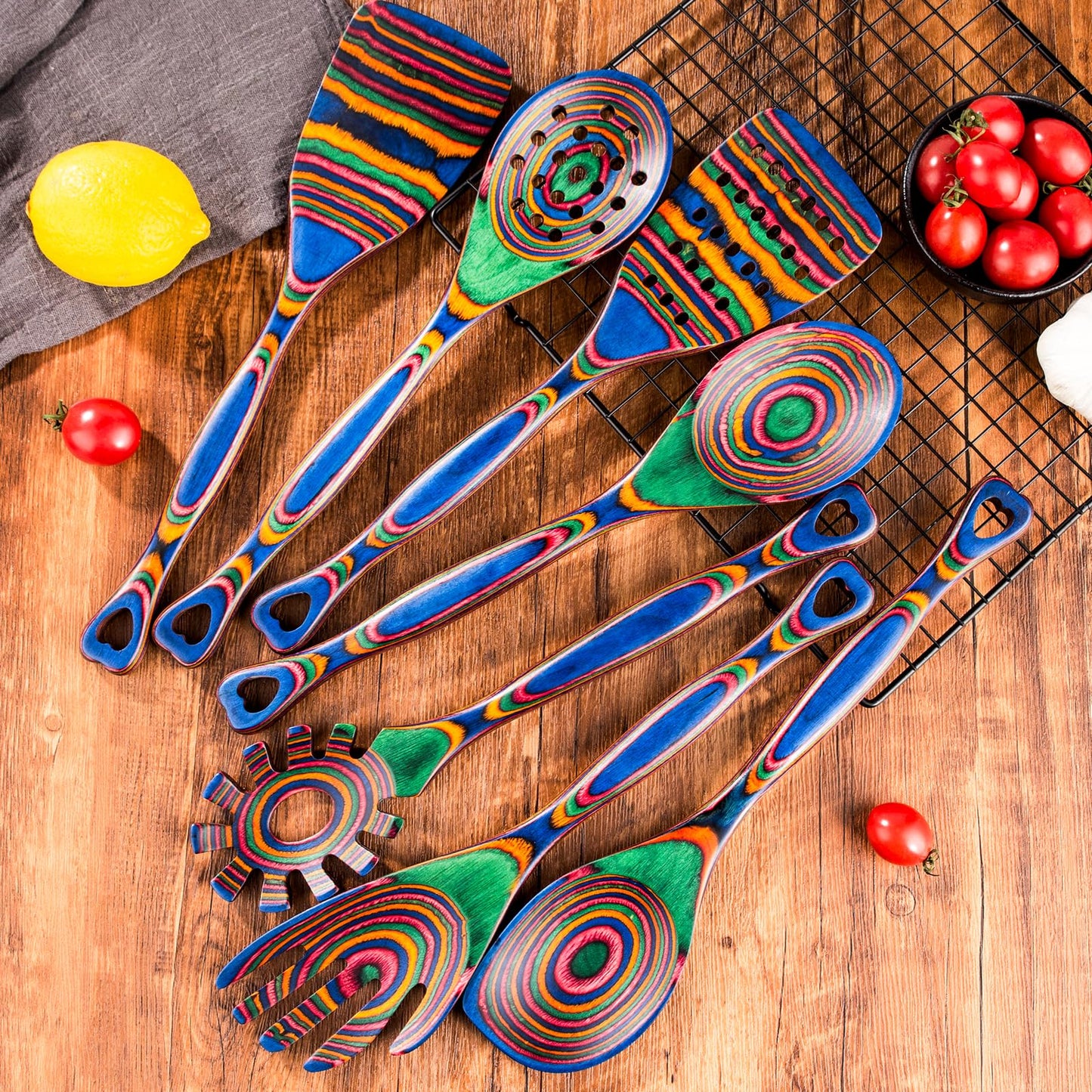 Gudamaye Pakkawood 7-Piece Wooden Cooking Utensils, Wooden Spoons for cooking, Wooden Utensil set,Pakkawood kitchen Utensils for Cooking, Non-Stick Spoon, Household Essentials, Heat-Resistant Spoons