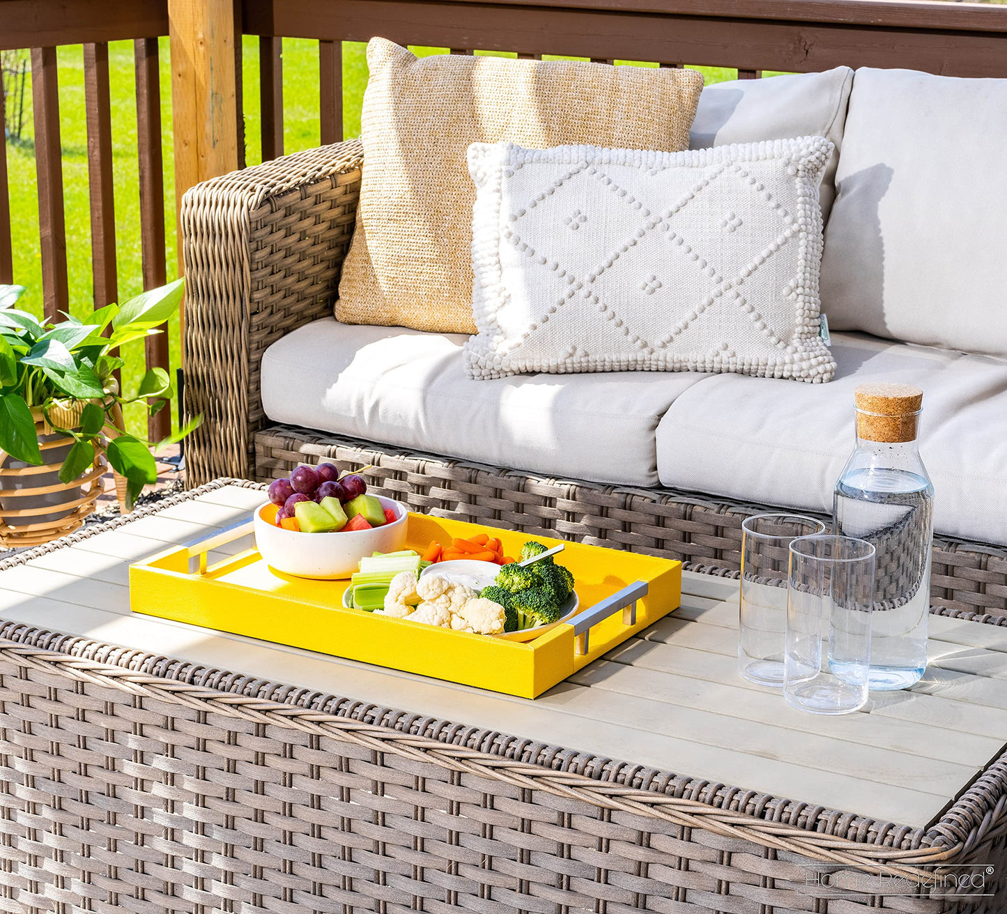 Modern Elegant 18"x12" Rectangle Yellow Shagreen Faux Leather Decorative Tray Ottoman Coffee Table Perfume Dresser Kitchen Serving Tray with Silver Metal Handles by Home Redefined for All Occasion's
