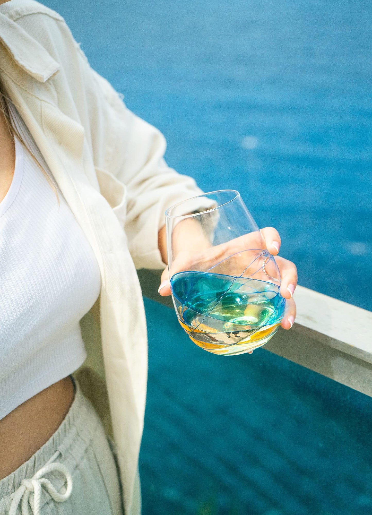 Handblown Antoni Barcelona Stemless Wine Glasses Set of 2 (21 Oz.) - Handblown & Handmade, Painted Blue Wine Glass, Gifts for Women, Birthdays, Anniversaries, and Weddings - 2 Unit (Set 2)