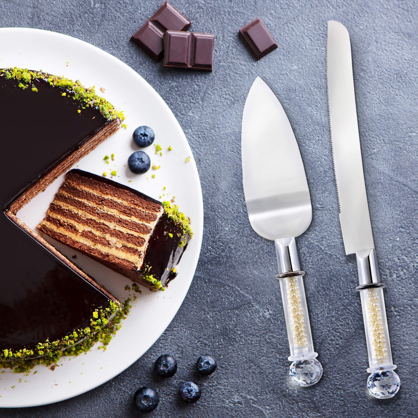Homi Styles Wedding Cake knife and Server Set | Elegant Color Premium 420 Stainless Steel plated Blades | Cake & Pie Serving Set for Wedding Cake, Birthdays, Anniversaries, Parties (Pearl Filled)
