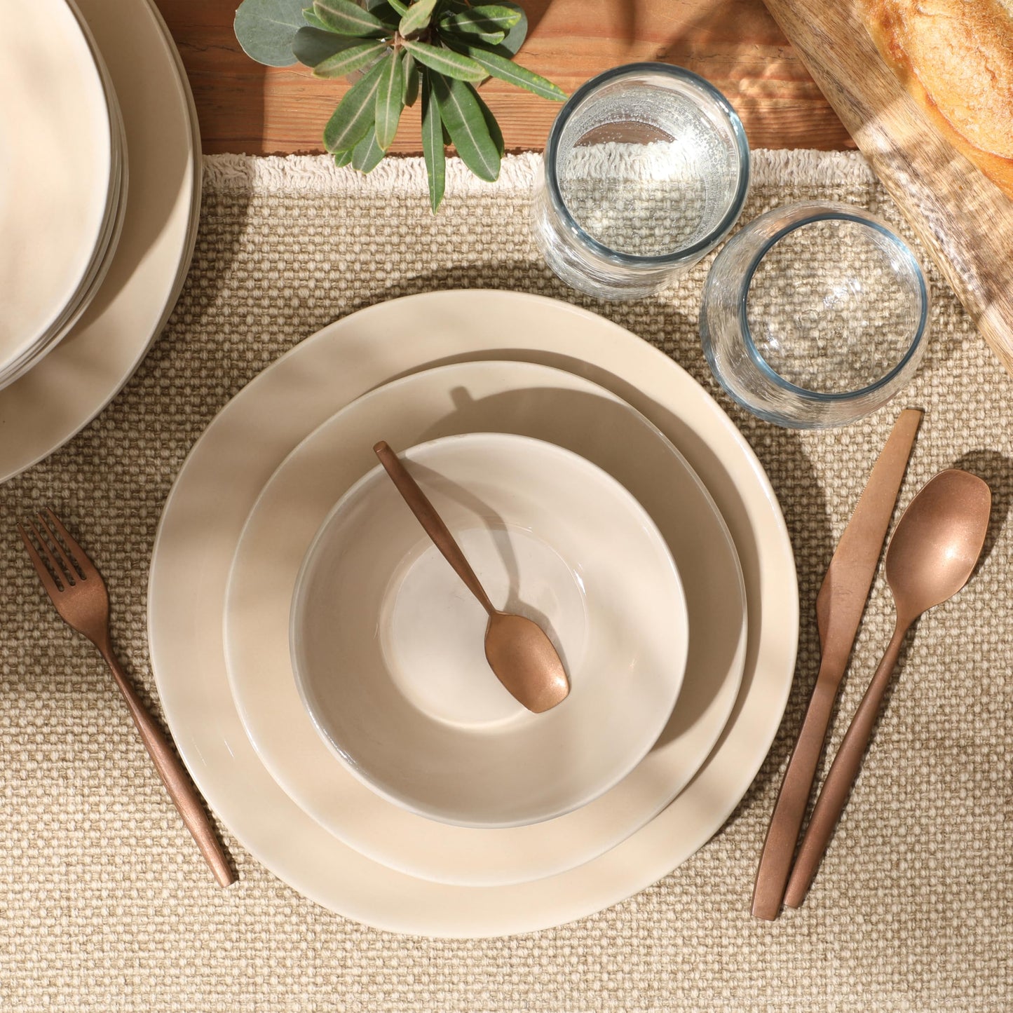 Bloomhouse - Oprah's Favorite Things - Montecito Breeze 16 Piece (Service for 4) Double Plates and Bowls Stoneware Reactive Glaze Dinnerware Set - Marble Dawn Cream