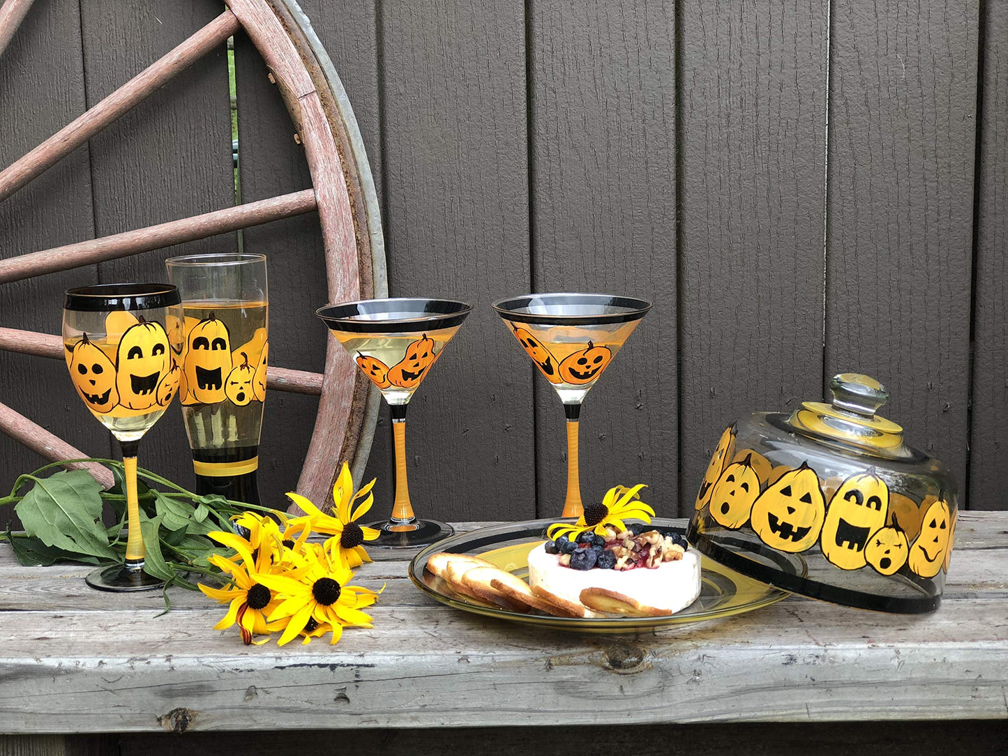Golden Hill Studio Hand Painted Martini Glasses Set of 2 - Pumpkin Family Collection - Hand Painted Glassware by USA Artists - Unique and Decorative Martini Glasses, Kitchen Table Décor