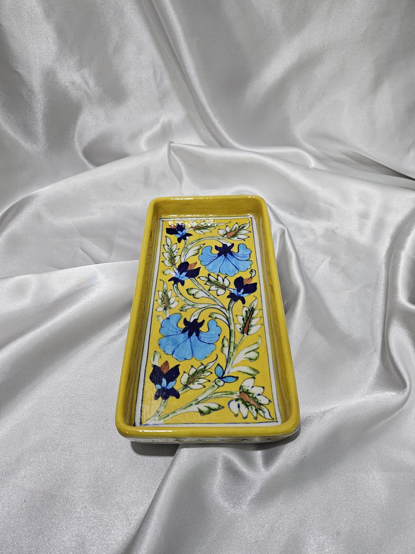 Tradition Treasure Azure and Sunburst Serving Platters Hand-Painted Ceramic Serving Dinner Plate Set of 2 – Sky Blue and Yellow Rectangle Trays for Main Meals, Tacos, Lunches, Snacks, Platters-8.5” x 5”