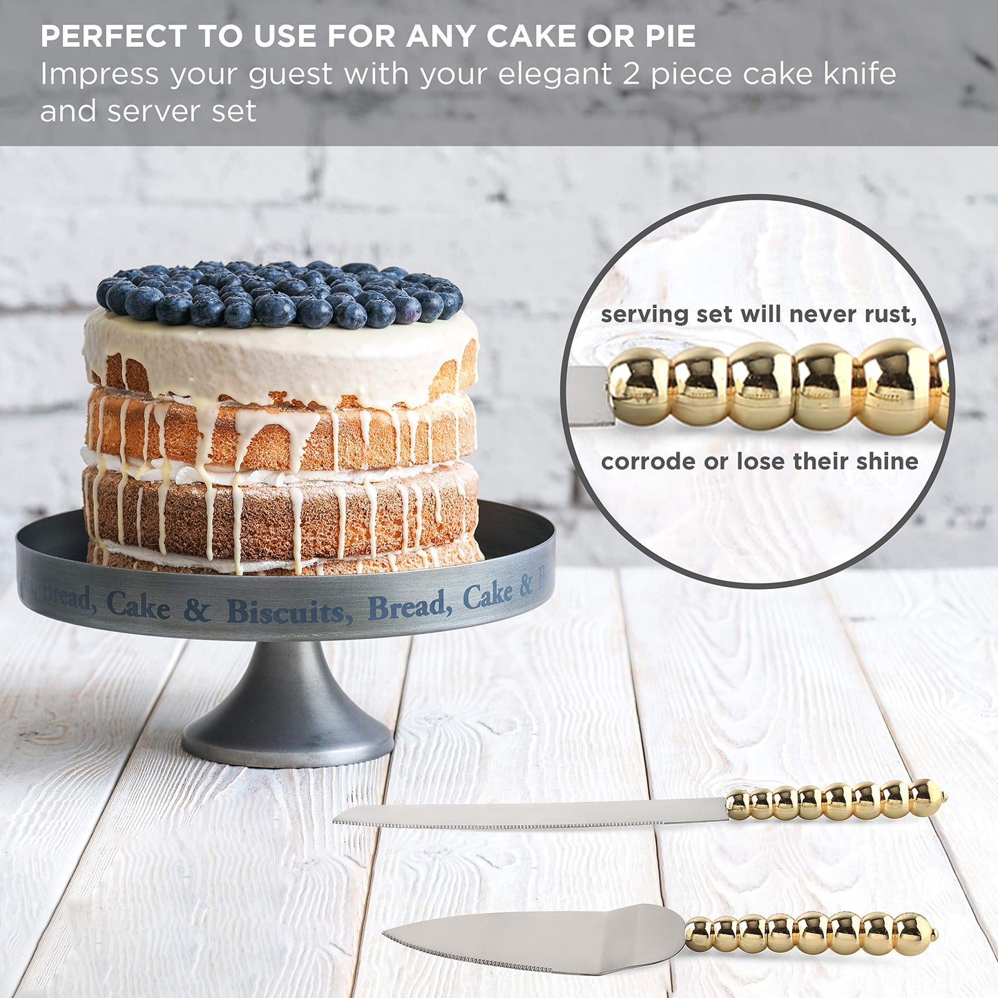 Homi Styles Wedding Cake Knife and Server Set | Elegant Gold Color With Beaded Handles and Premium 420 Stainless Steel Blades | Cake & Pie Serving Set for Wedding Cake, Cake Cutter, Gift