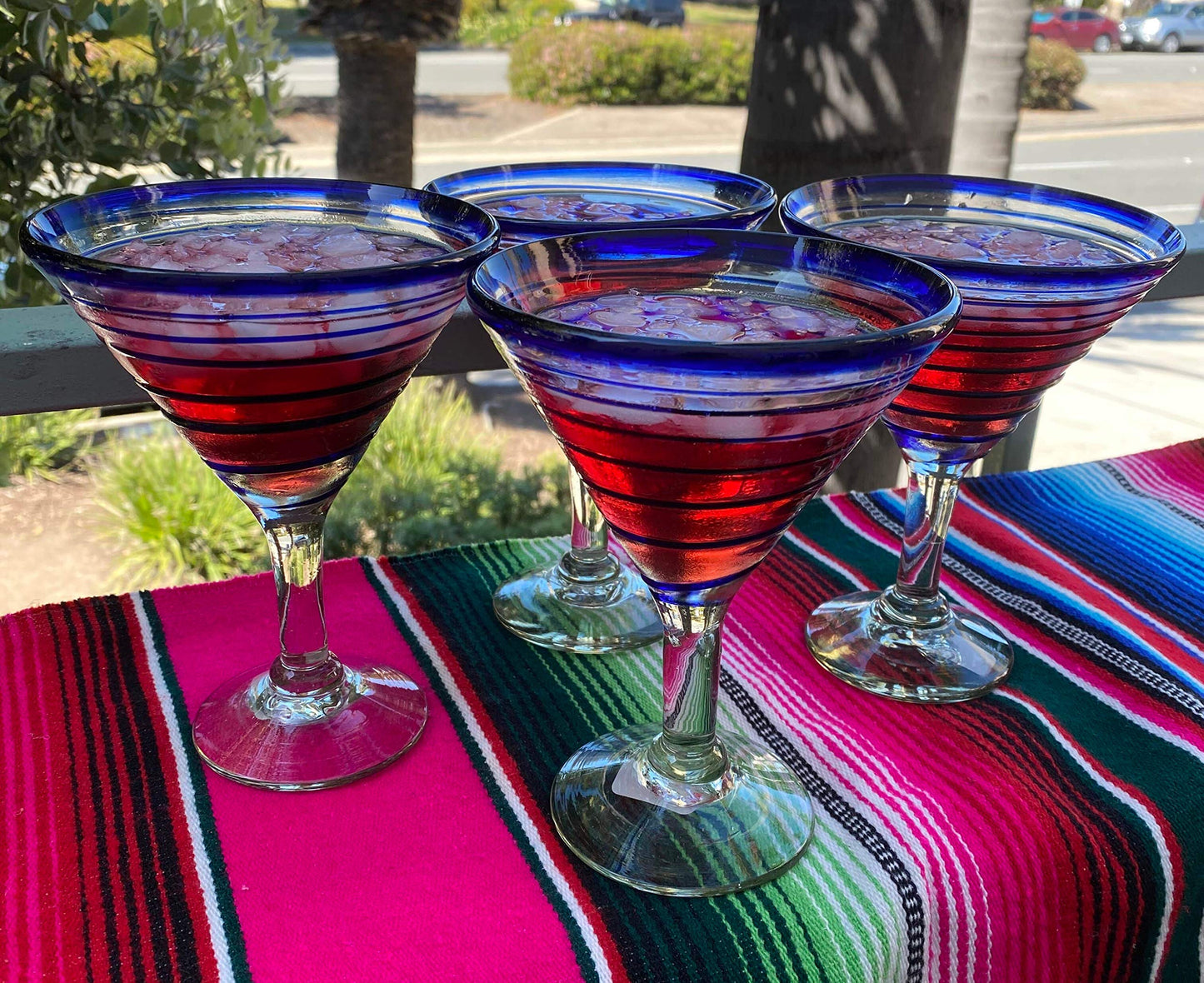 Mexican Hand Blown Glass – Set of 4 Hand Blown Modern Margarita Glasses - Blue Spiral (12 oz)