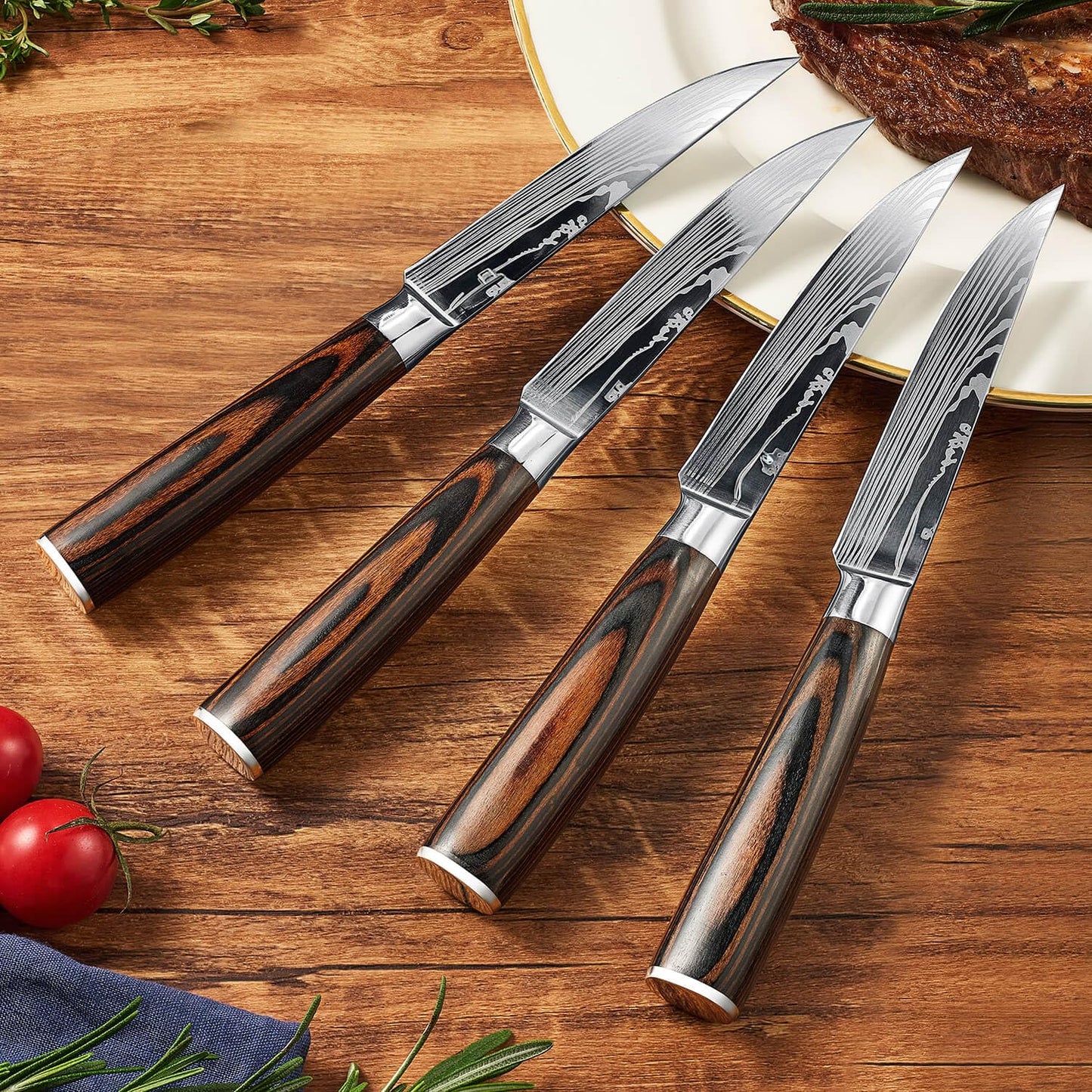 SENKEN 16-Piece Acacia Wood Knife Block Set with Laser Damascus Pattern - Includes Steak Knives, Kitchen Shears, Chef's Knife, Santoku, Cleaver & More