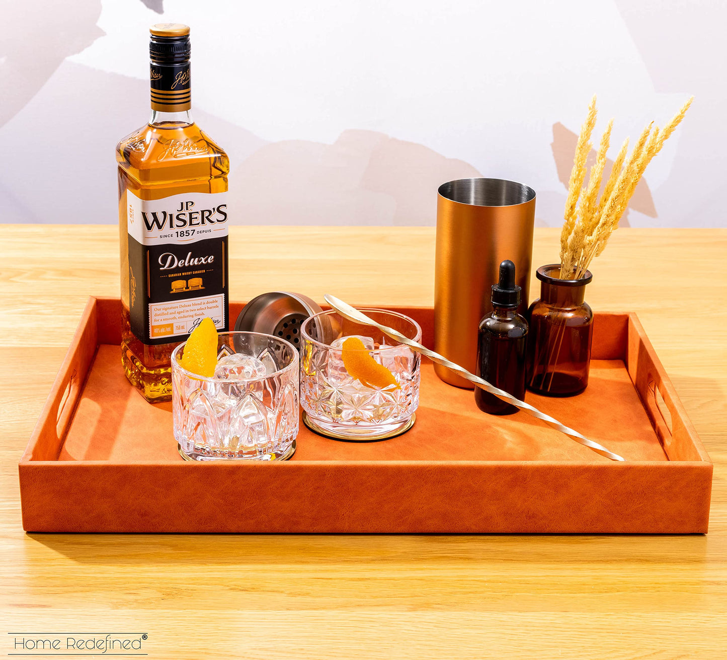 Home Redefined Beautiful Modern Elegant 18"x12" Rectangle Orange Faux Leather Decorative Tray Ottoman Coffee Table Perfume Living Room Kitchen Serving Tray with Handles for All Occasion's