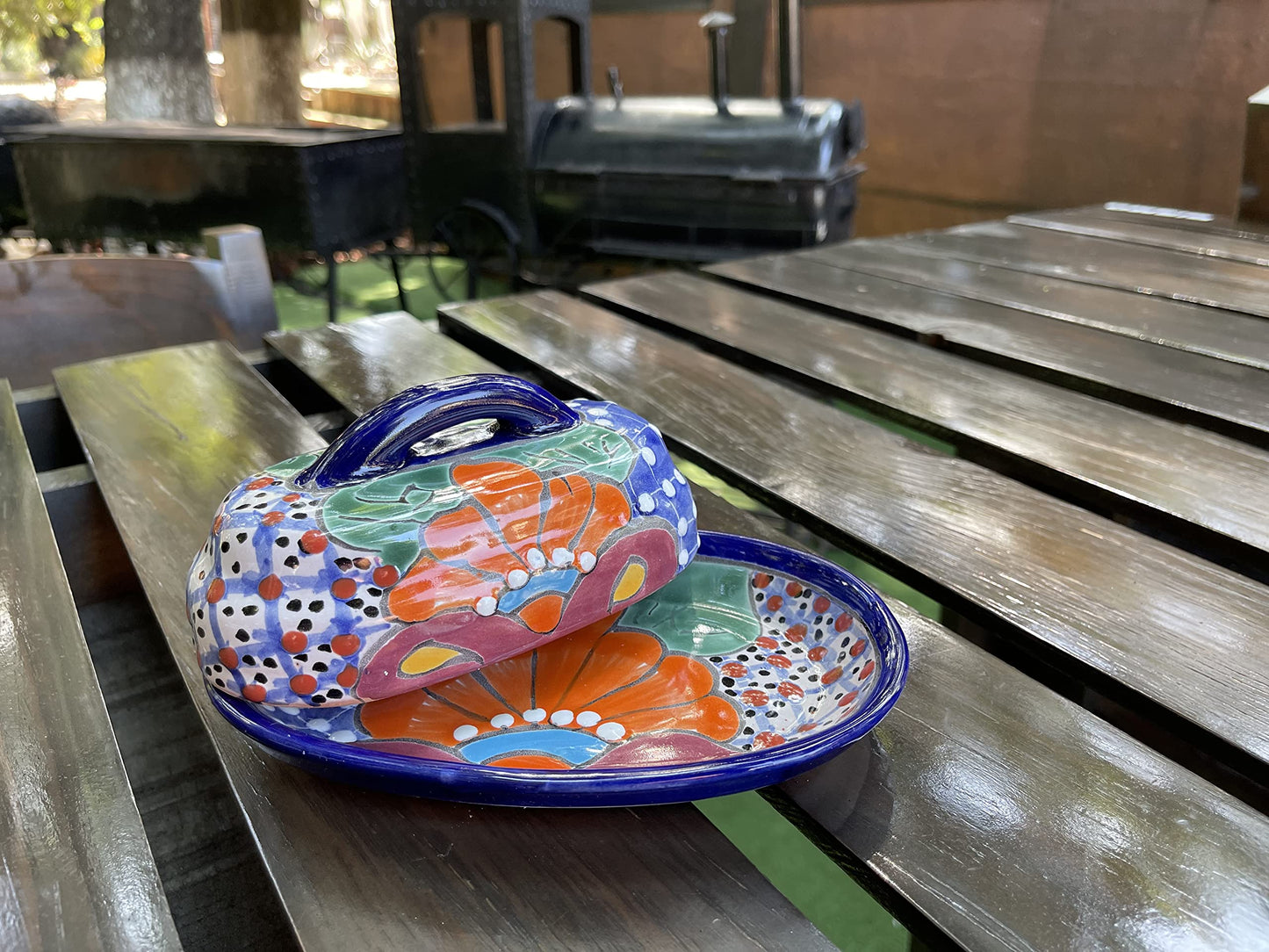 MEXTEQUIL - Butter Dish Ceramic Talavera with Lid Hand Painted Authentic Mexican Pottery Kitchen Floral Design (Blue)