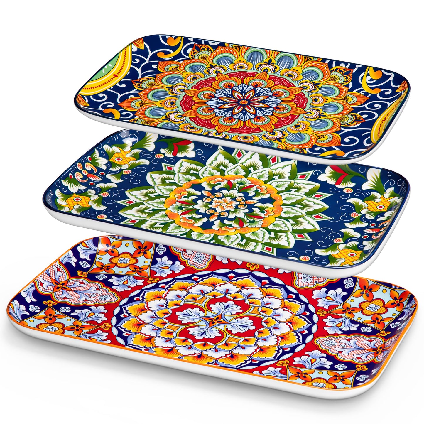 Set of 3 Colorful Bohemian Serving Platters, 16"/14"/12" Inch Rectangular Trays - Serving Platter Extra Large, Bohemian Ceramic Serving Dish for Entertaining Food, Microwave & Dishwasher Safe, Colorful