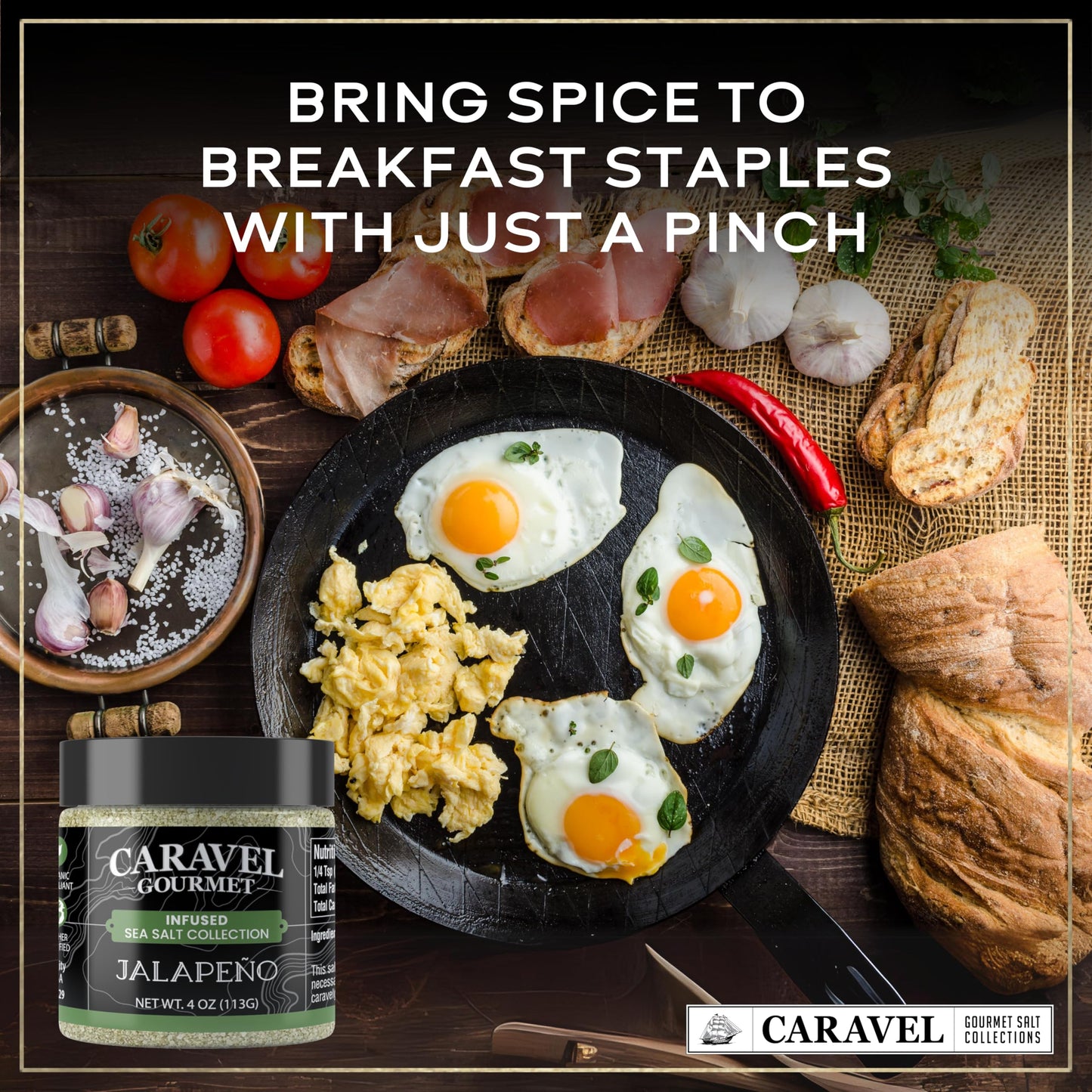 Gourmet Jalapeno Sea Salt - Pure Sea Salt Blended with Jalapeno Pepper - All-Natural, Kosher, No Gluten, No MSG, Non-GMO - Cooking & Finishing Salt, Great for Mexican Dishes - 4 oz. Jar - Caravel Gourmet