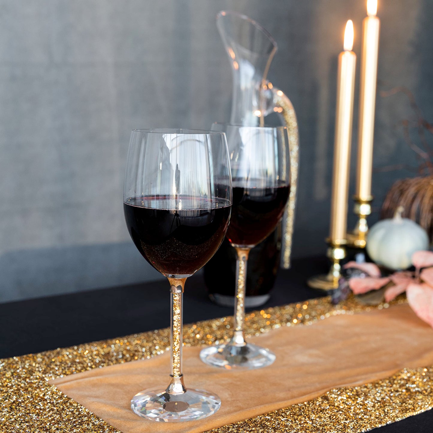 Sparkles Home Vetrina Stem Wine Glass, Crystal Glassware, Faceted Base, Red, White, Rosé, For Celebration, Dining Tabling Setting, Events, Weddings, Gold, Set of 2 in Gift Box