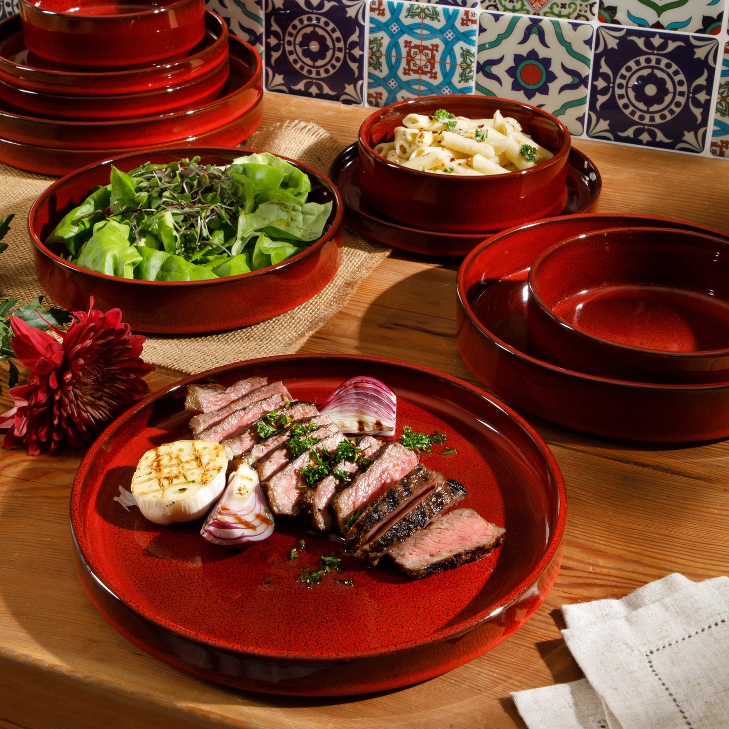 Bloomhouse - Oprah's Favorite Things - Santorini Mist Double Bowl Terracotta Reactive Glaze Plates and Bowls Dinnerware Set - Garnet Red, Service for Four (16pcs)