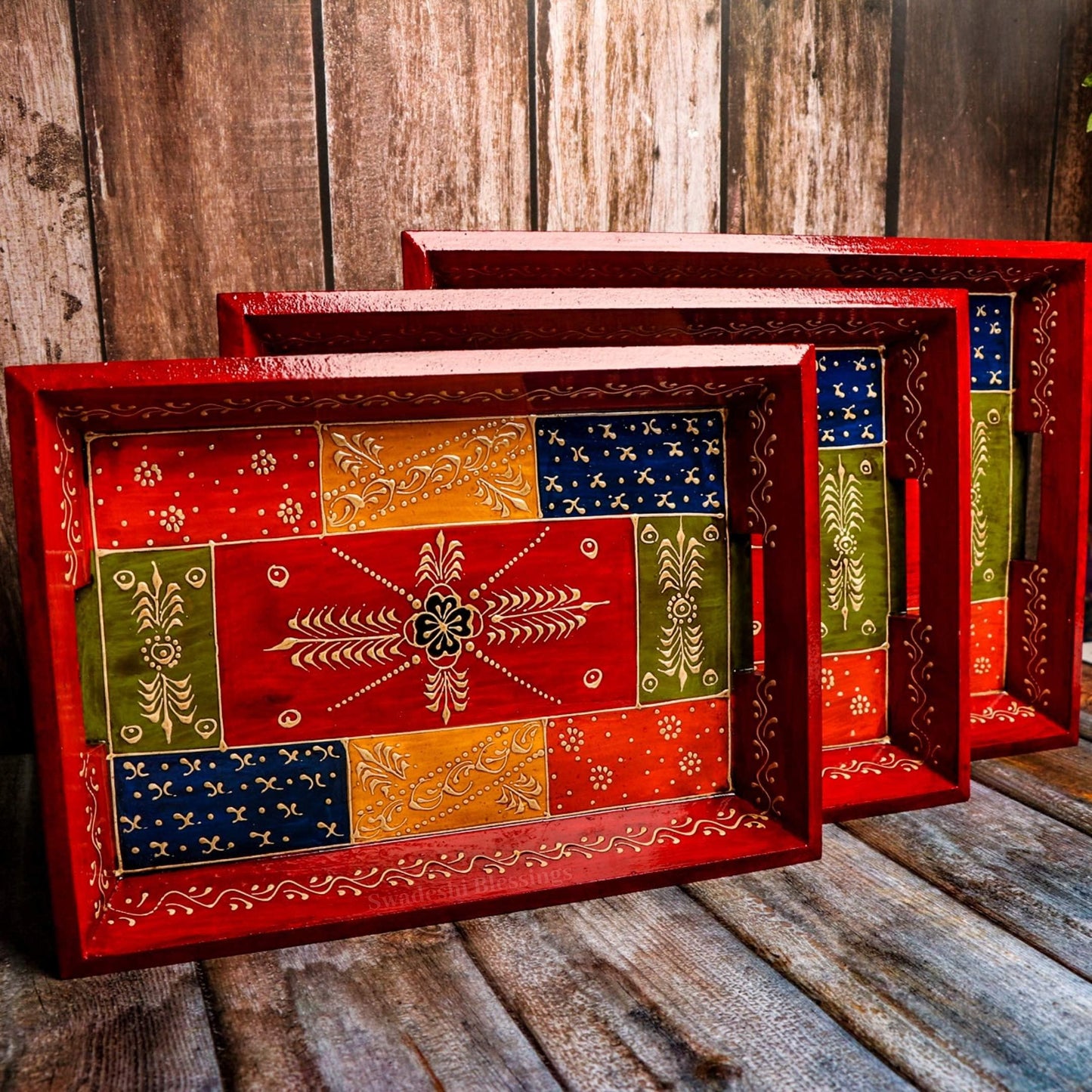 Swadeshi Blessings Handcrafted and Hand-Painted Embossed Wooden Serving Trays Set of 3 - for Kitchen/Table & Home Decor/Dinning/Gifts/Restaurants/Living Room/Coffee Table (AntiqueRed)