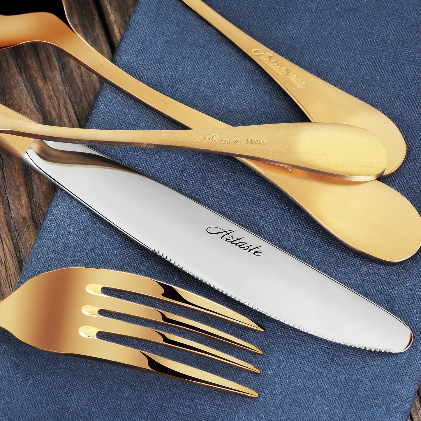 Artaste 56938 Rain 18/10 Stainless Steel Flatware 20-Piece Set, Gold Finish, Service for 4