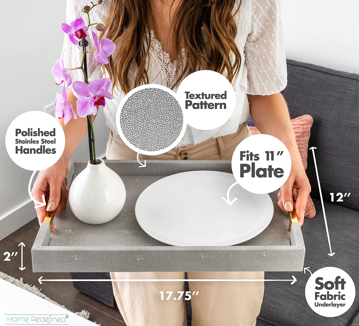 Home Redefined Modern Elegant 18"x12" Rectangle Glossy Grey Shagreen Faux Leather Tray Decorative Tray Ottoman Tray Coffee Table Perfume Kitchen Serving Tray with Gold Polished Metal Handles.
