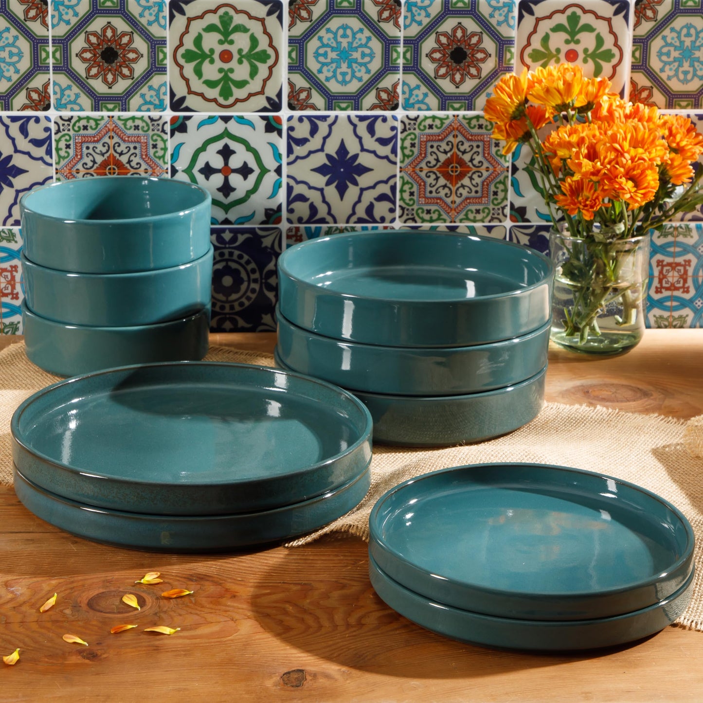 Bloomhouse - Oprah's Favorite Things - Santorini Mist Double Bowl Terracotta Reactive Glaze Plates and Bowls Dinnerware Set - Jade Blue Green, Service for Four (16pcs)