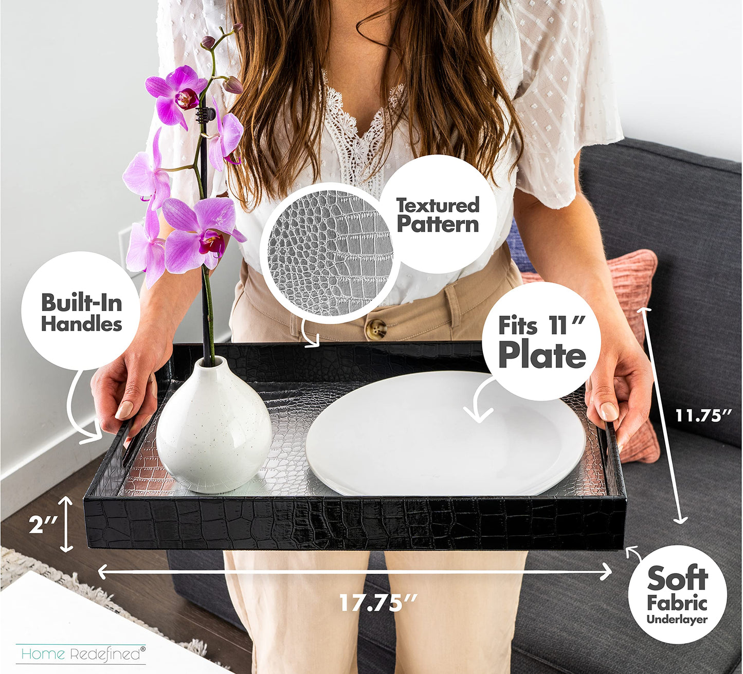Home Redefined 18"x12" Silver & Black Glossy Crocodile Faux Leather Serving Tray Beautiful Modern Elegant Decorative Tray with Handles Ottoman Coffee Table Tray for All Occasion's