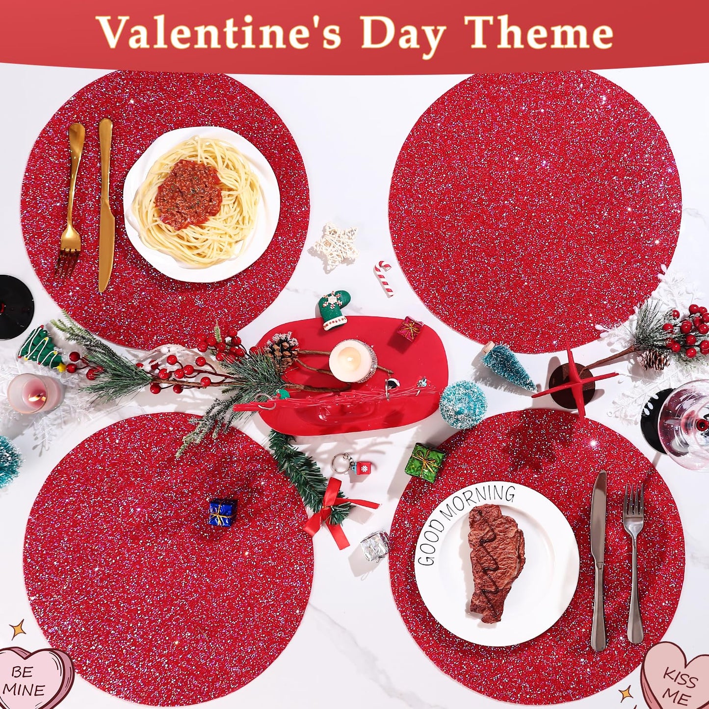 Cumouna Placemat with Red Rhinestones Round Glitter Decoration Table Mat for Valentine Holiday New Year Centerpiece Kitchen Table Party Tableware Decor 15 Inches (Red AB, 1 Piece)