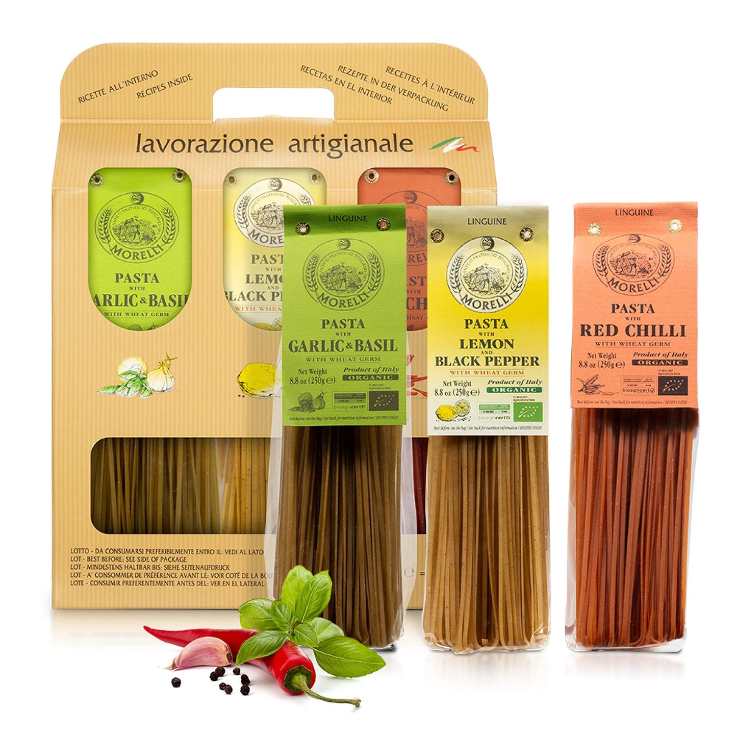 Morelli Gourmet Pasta Italian Gift Basket From Italy - Tricolor Pasta Linguine Set - Red Chili, Garlic & Basil, and Lemon Pasta - Tricolored Organic Pasta from Italy, Made in Italy (3x 8.8 Oz.)