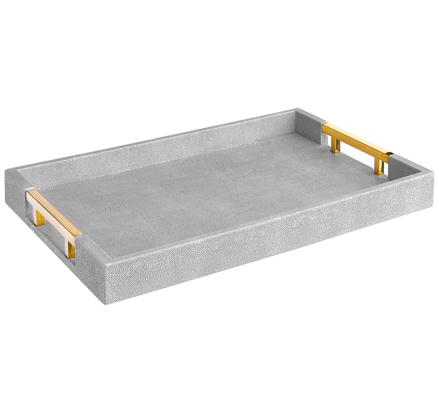 Home Redefined Modern Elegant 18"x12" Rectangle Glossy Grey Shagreen Faux Leather Tray Decorative Tray Ottoman Tray Coffee Table Perfume Kitchen Serving Tray with Gold Polished Metal Handles.
