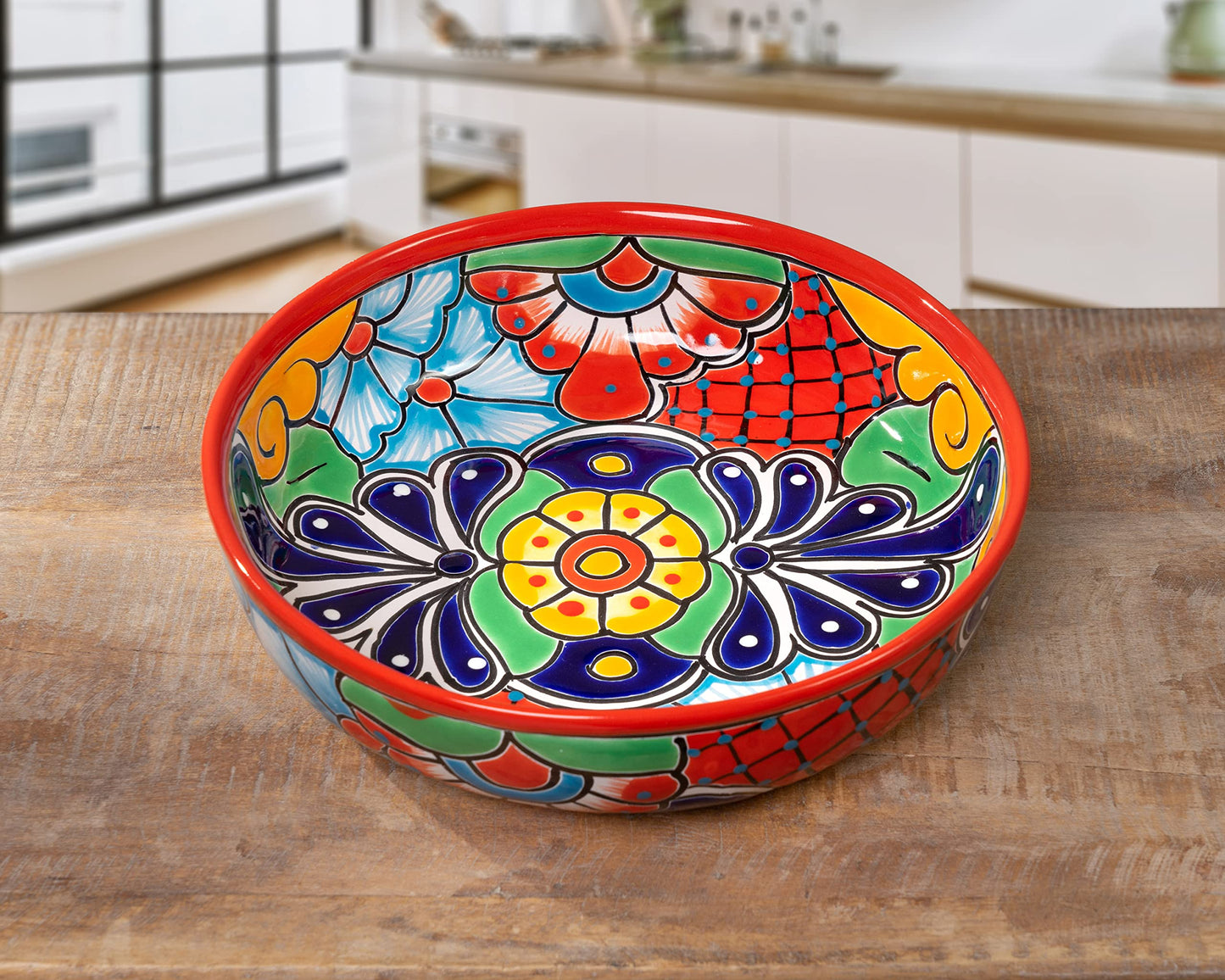 Enchanted Talavera Ceramic Hand-Painted Large Serving Bowl Pasta Bowl Fruit Bowl Salad Bowl Party Platter Holiday Bakeware Dish (Red)