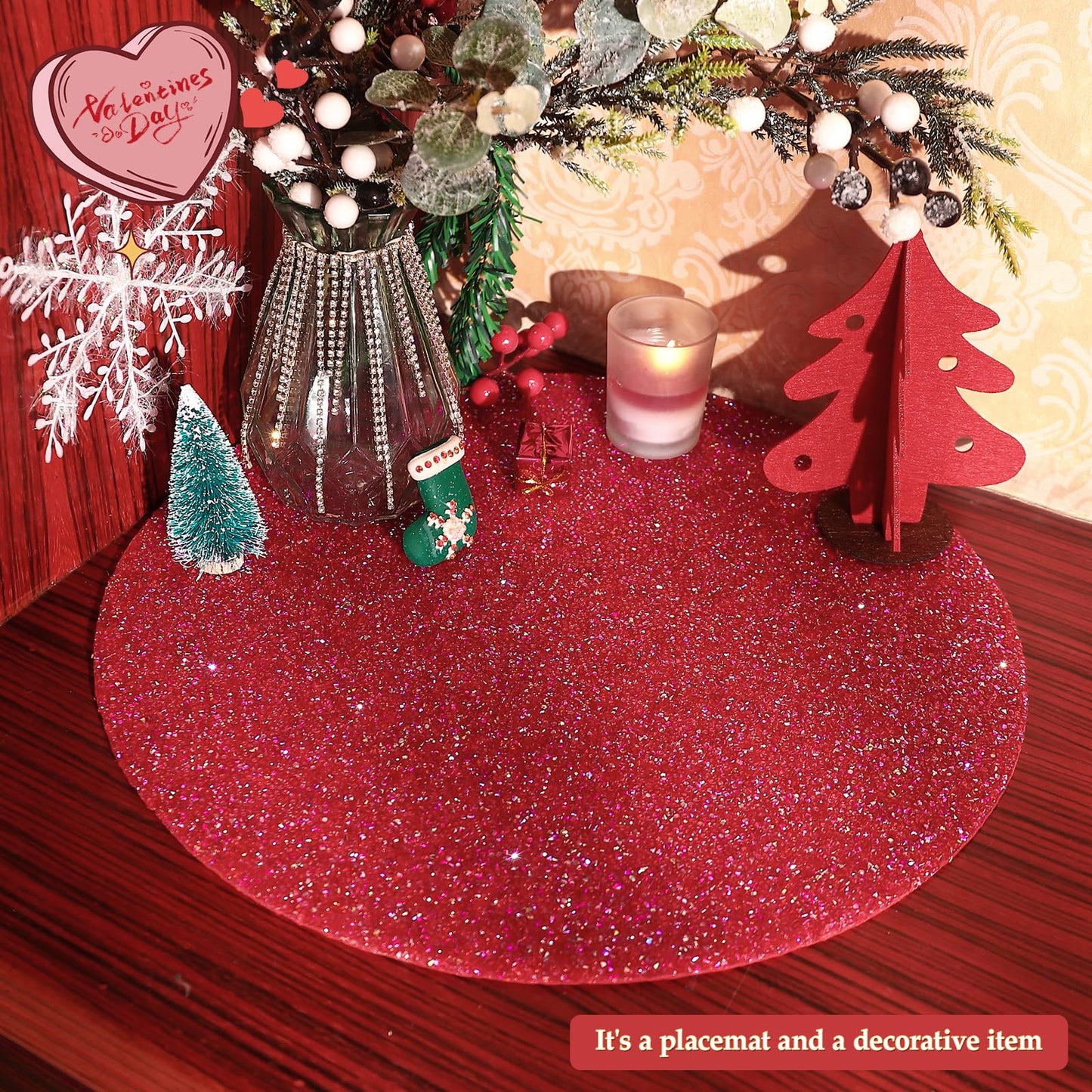 Cumouna Placemat with Red Rhinestones Round Glitter Decoration Table Mat for Valentine Holiday New Year Centerpiece Kitchen Table Party Tableware Decor 15 Inches (Red AB, 1 Piece)