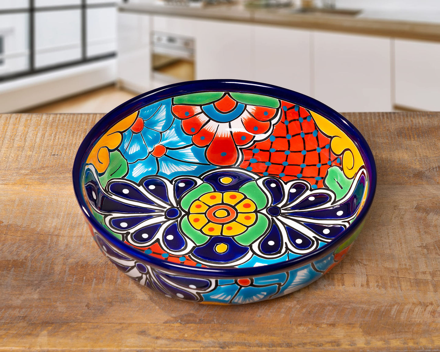 Enchanted Talavera Mexican Talavera Ceramic Hand-Painted Large Serving Bowl Pasta Bowl Fruit Bowl Salad Bowl Party Platter Holiday Bakeware Dish (Cobalt)