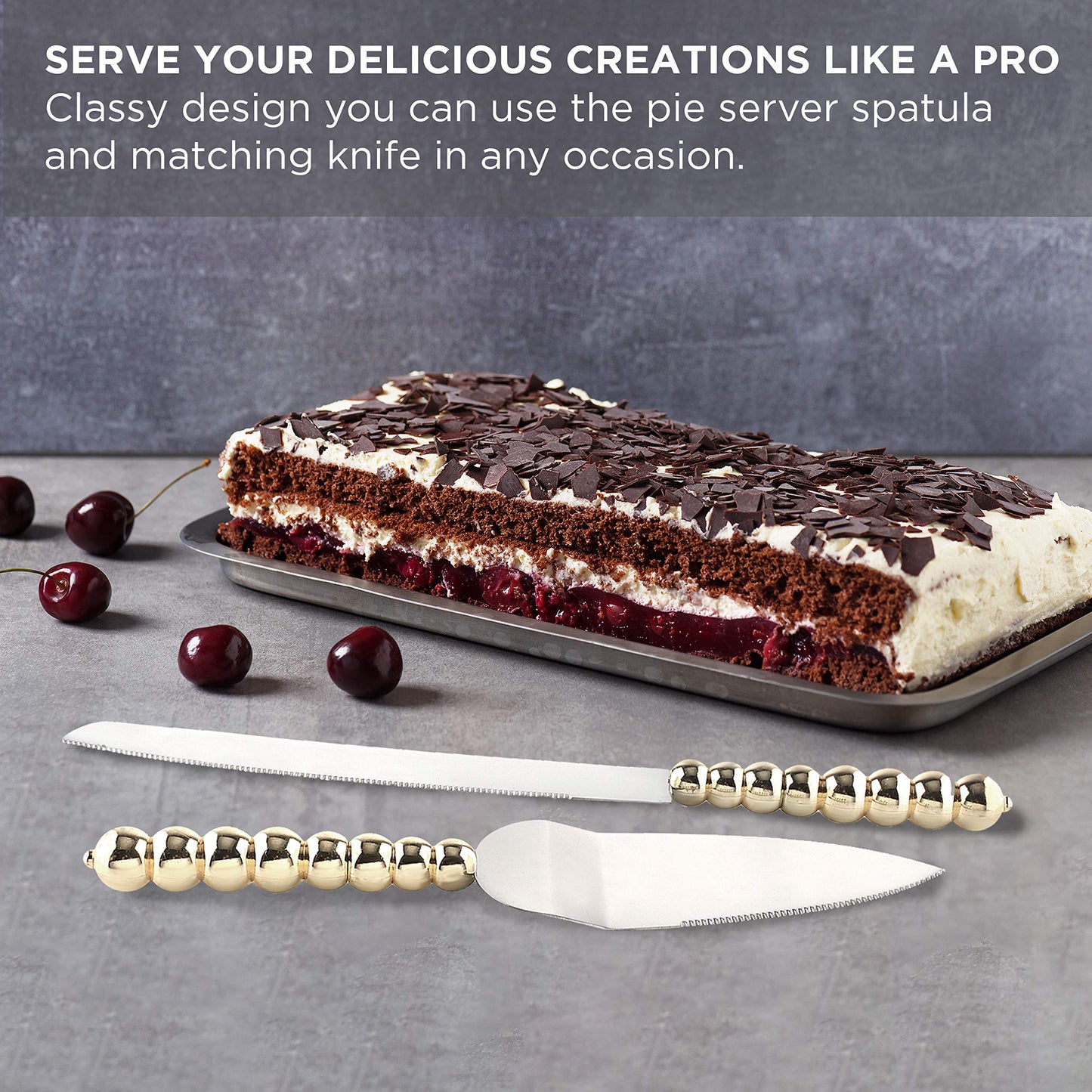 Homi Styles Wedding Cake Knife and Server Set | Elegant Gold Color With Beaded Handles and Premium 420 Stainless Steel Blades | Cake & Pie Serving Set for Wedding Cake, Cake Cutter, Gift