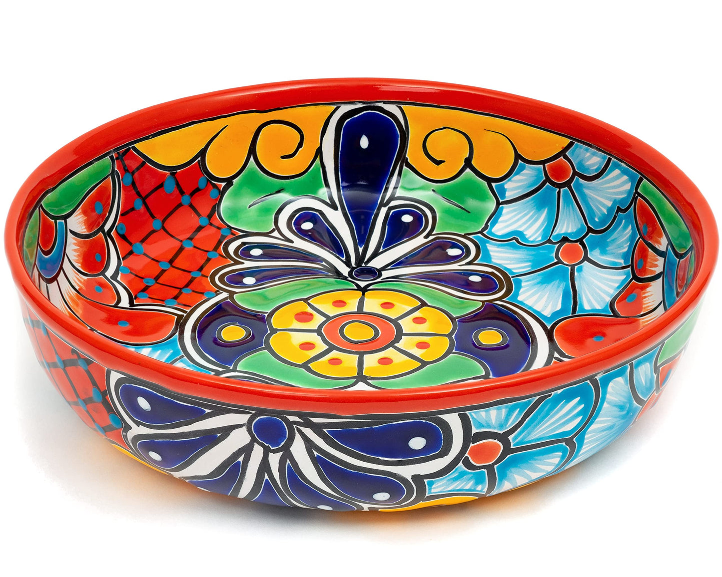 Enchanted Talavera Ceramic Hand-Painted Large Serving Bowl Pasta Bowl Fruit Bowl Salad Bowl Party Platter Holiday Bakeware Dish (Red)