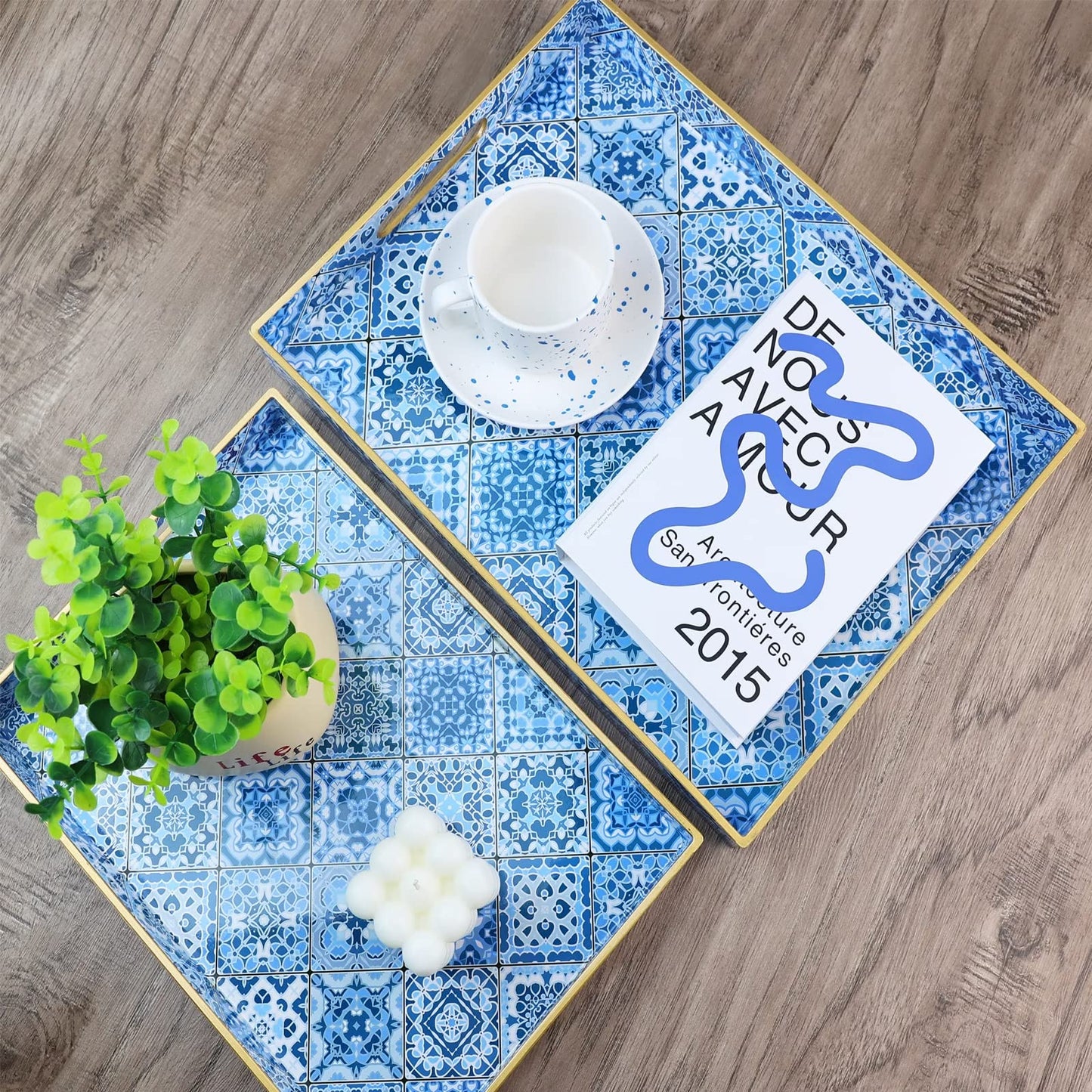 Spsyrine 2-Pack Decorative Plastic Serving Trays with Handles for Living Room, Coffee Table, Ottoman, Bathroom, Kitchen, Large 15.7”*11.8”*1.6", Small 13.7"*9.8", Boho Blue