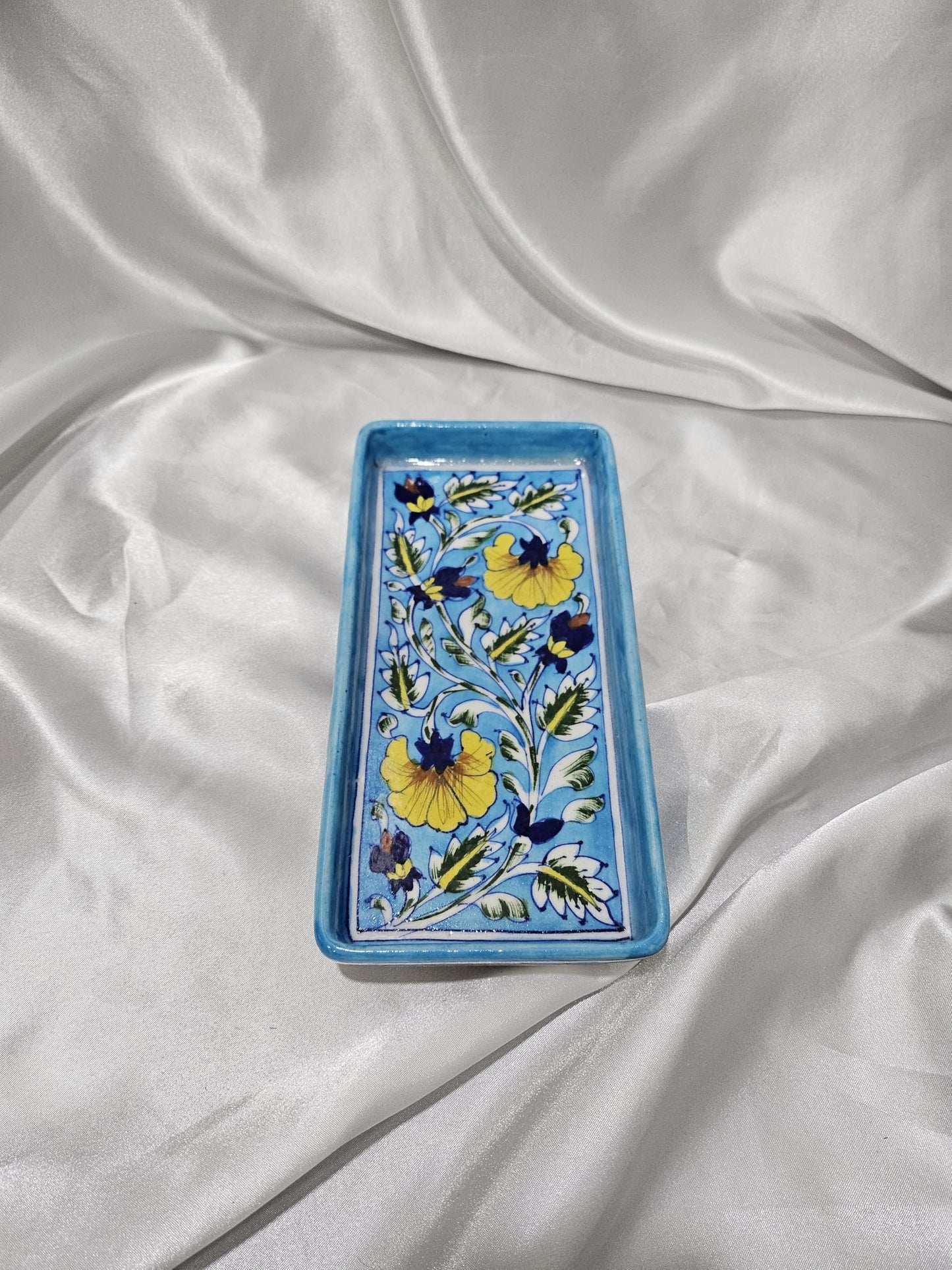 Tradition Treasure Azure and Sunburst Serving Platters Hand-Painted Ceramic Serving Dinner Plate Set of 2 – Sky Blue and Yellow Rectangle Trays for Main Meals, Tacos, Lunches, Snacks, Platters-8.5” x 5”