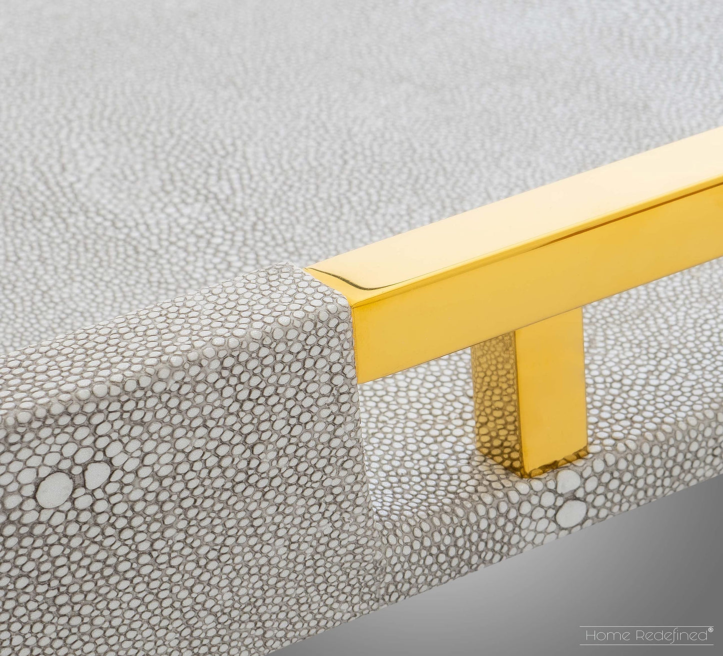 Home Redefined Modern Elegant 18"x12" Rectangle Glossy Grey Shagreen Faux Leather Tray Decorative Tray Ottoman Tray Coffee Table Perfume Kitchen Serving Tray with Gold Polished Metal Handles.
